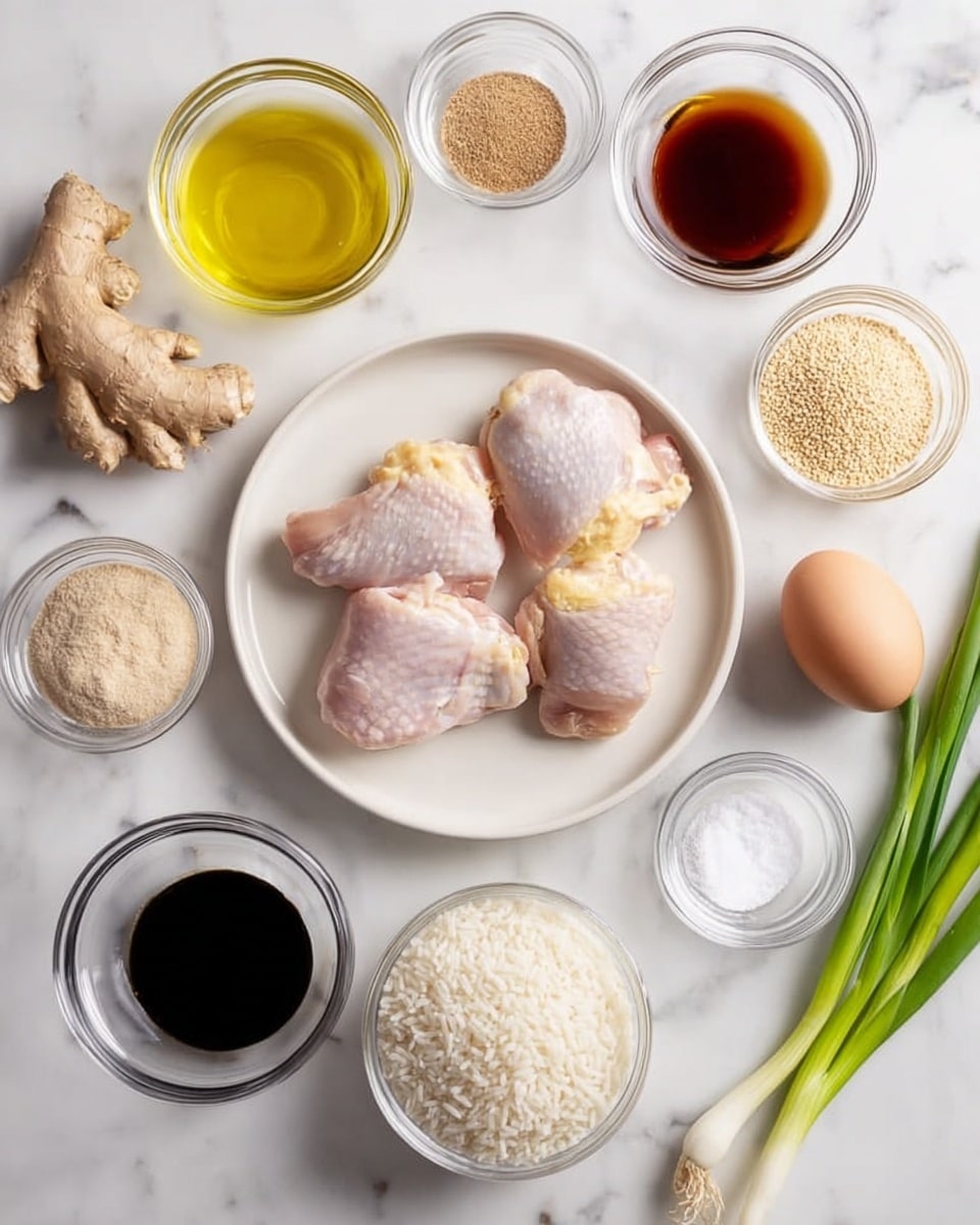 The image shows a white plate with three pieces of raw chicken thighs, light pink with some yellow fat, placed on a white marbled surface. Around the plate are small clear glass bowls containing various ingredients: golden olive oil, a dark soy sauce, amber honey, light brown sugar, white rice vinegar, white cornstarch, beige sesame seeds, light brown brown sugar, white rice in a white bowl, and an empty small bowl. A whole raw egg, a piece of fresh beige ginger root, a woman’s hand-sized bunch of green onions with long green and white stalks, and small piles of white salt and black pepper sit on the marble surface. The whole setup is brightly lit from above. Photo taken with an iphone --ar 4:5 --v 7
