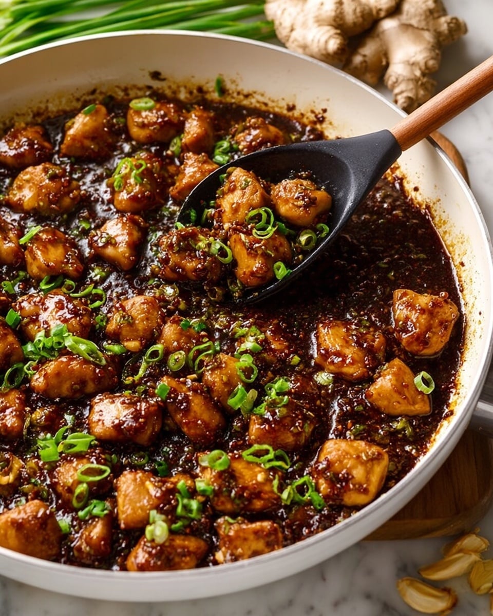 The image shows small pieces of cooked chicken in a shallow pan, coated in a shiny, dark brown sauce with a slightly sticky texture. The chicken pieces are arranged all over the bottom of the white pan, and some chopped green onions are sprinkled on top, adding a fresh green contrast. There is a black spoon with a wooden handle lifting a few pieces of the chicken, also garnished with green onions. The surface under the pan is a white marbled texture, and to the side, there are fresh green onions and ginger roots partially visible. photo taken with an iphone --ar 4:5 --v 7