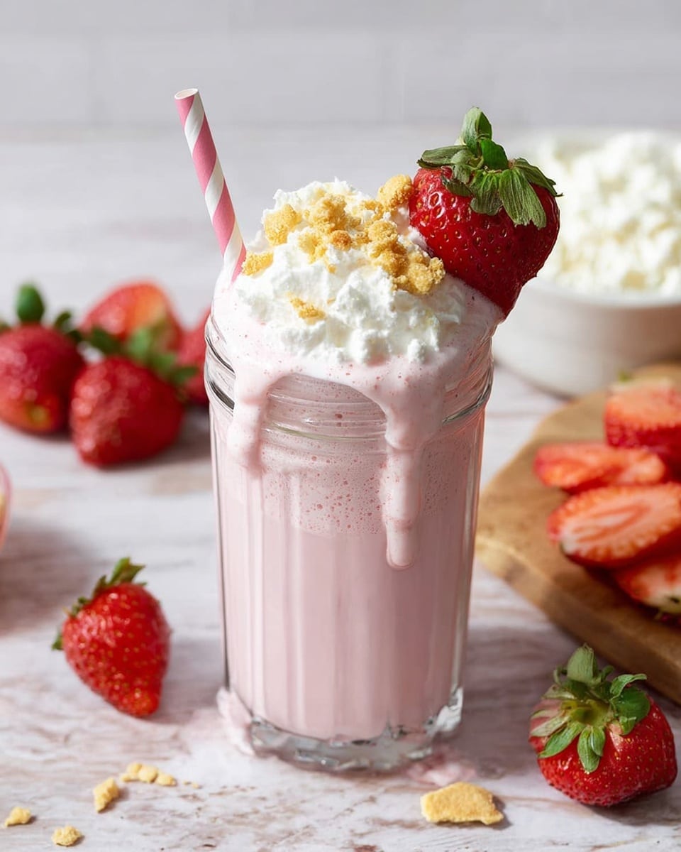 Two pale pink milkshakes are served in textured clear glass jars placed on a white marbled surface. Each milkshake has a layer of whipped cream on top, sprinkled with light yellow crumbled pieces and decorated with a whole red strawberry with green leaves on the rim. Both have a pink and white striped straw standing upright in the middle. In the background, there are scattered whole strawberries, a wooden bowl with a white powdery substance, and a white bowl with crumbled yellow pieces. Some milkshake spills over the edge of the glass, pooling slightly on the surface. Photo taken with an iphone --ar 4:5 --v 7