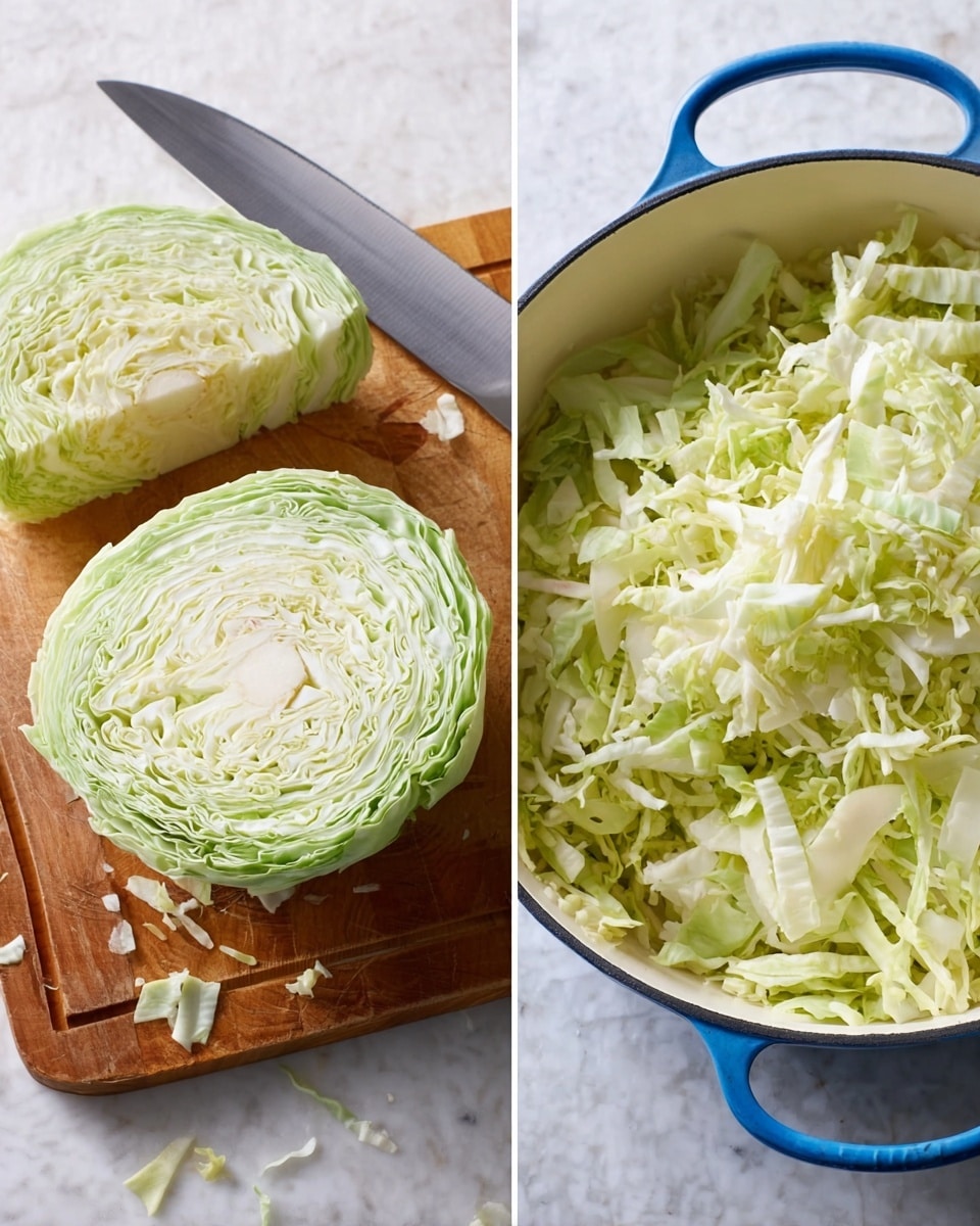 The image shows two scenes side by side. On the left, a light green cabbage is partially sliced on a wooden cutting board, with tightly layered leaves visible and a sharp knife resting nearby. On the right, the same cabbage is finely shredded and piled high in a large white enameled pot with blue handles, displaying thin, pale green and white strips with a slightly curly texture. The background is a white marbled texture. photo taken with an iphone --ar 4:5 --v 7