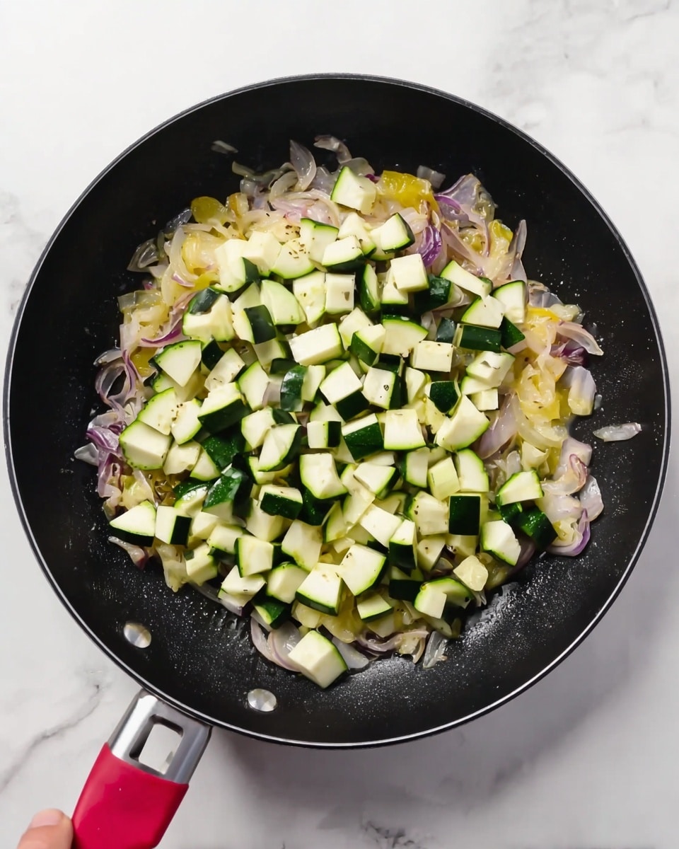 A black pan filled with three layers of food being cooked; the bottom layer is a mix of soft yellow and purple pieces that look like sliced onions and peppers, with a slightly shiny texture; on top, there are many small, pale green chunks of zucchini spread all over, showing fresh and firm textures. The pan is on a white marbled surface. A woman's hand with a red silicone handle is holding the pan. photo taken with an iphone --ar 4:5 --v 7