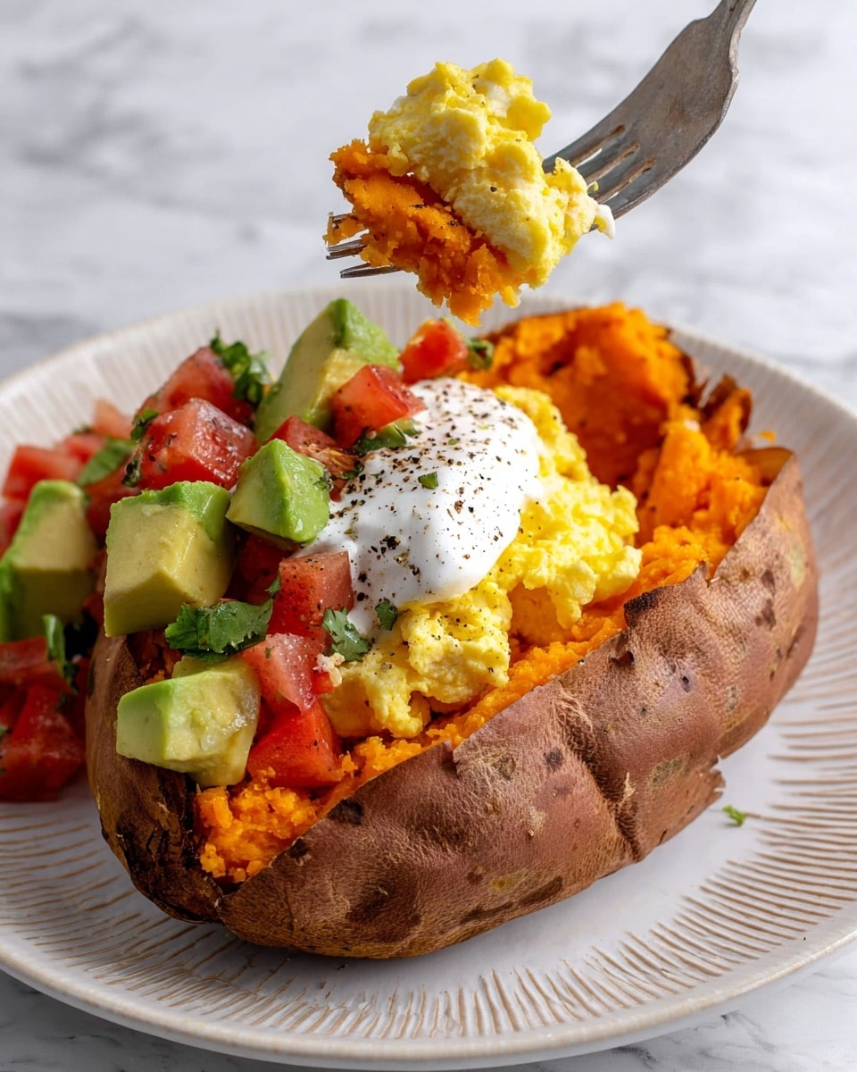 A baked sweet potato with rough brown skin opened to show three main layers inside: at the bottom is mashed bright orange sweet potato, above it a layer of light yellow scrambled eggs with black pepper sprinkled on top, and above that a mixture of small green avocado cubes and red diced tomatoes. A dollop of white sour cream with black pepper dots sits on top. A silver fork lifting some sweet potato, scrambled egg, avocado, and tomato from the dish. The potato rests on a white plate with a textured design, placed on a white marbled surface. Photo taken with an iphone --ar 4:5 --v 7