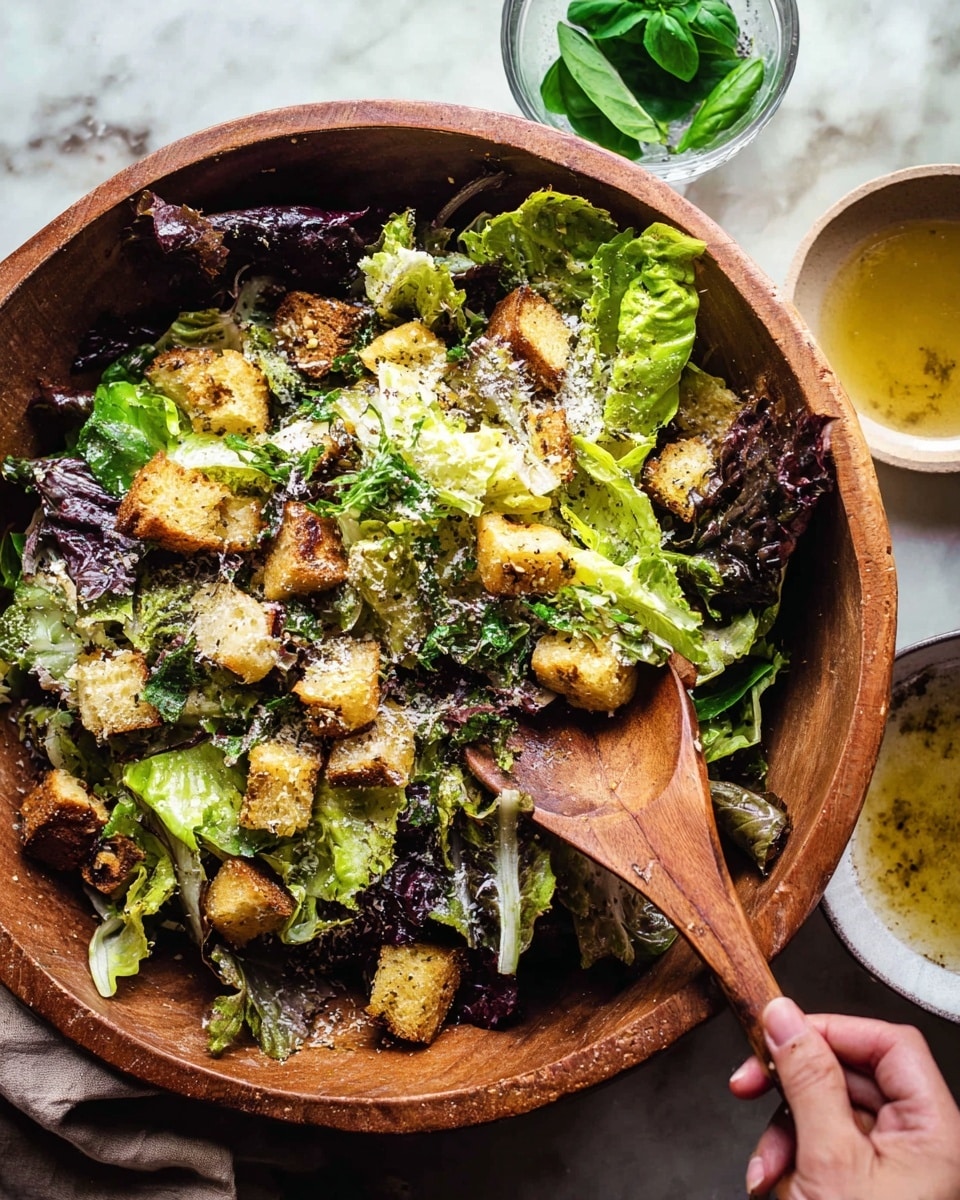 A large wooden bowl holds a fresh mixed salad with three main layers: at the bottom are green and purple lettuce leaves with a rough texture, followed by chunky golden toasted bread cubes scattered throughout, and on top is a sprinkle of white grated cheese and small sesame seeds. Two wooden salad spoons, one held by a woman's hand with a white grip, rest inside the bowl. The bowl is placed on a white marbled surface, with fresh basil leaves and a glass of water with basil next to it, along with a small cup of golden dressing with bread cubes floating inside. photo taken with an iphone --ar 4:5 --v 7