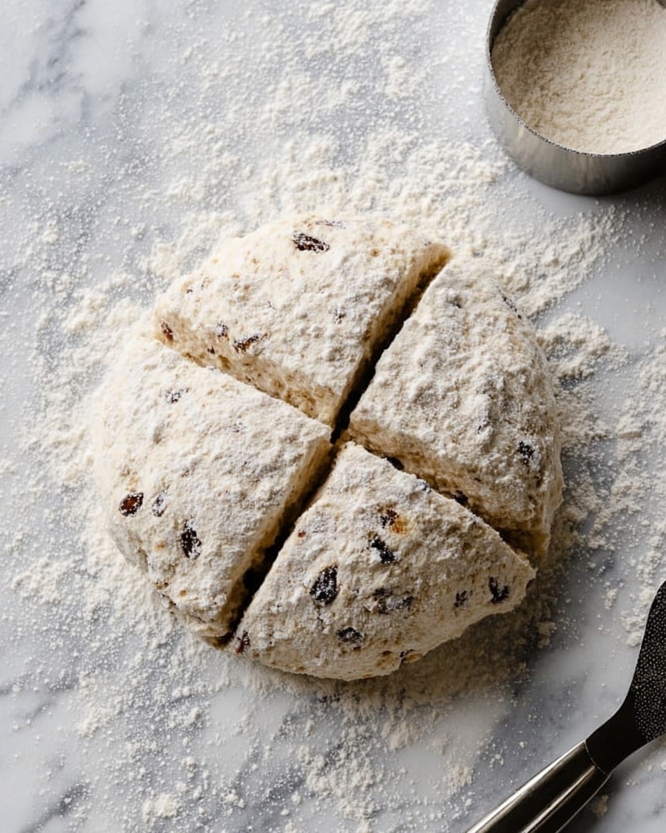 A round dough ball is shown on a white marbled surface sprinkled with flour. The dough is dusted with flour on top and is divided into four sections by two shallow cuts crossing at the center. The dough has a slightly rough texture with visible dark bits, possibly raisins or nuts, mixed inside. To the top right, there is a metallic round cutter filled with flour, and at the bottom, part of a metal or black spatula is visible. The entire scene looks casual and ready for baking preparation. photo taken with an iphone --ar 4:5 --v 7
