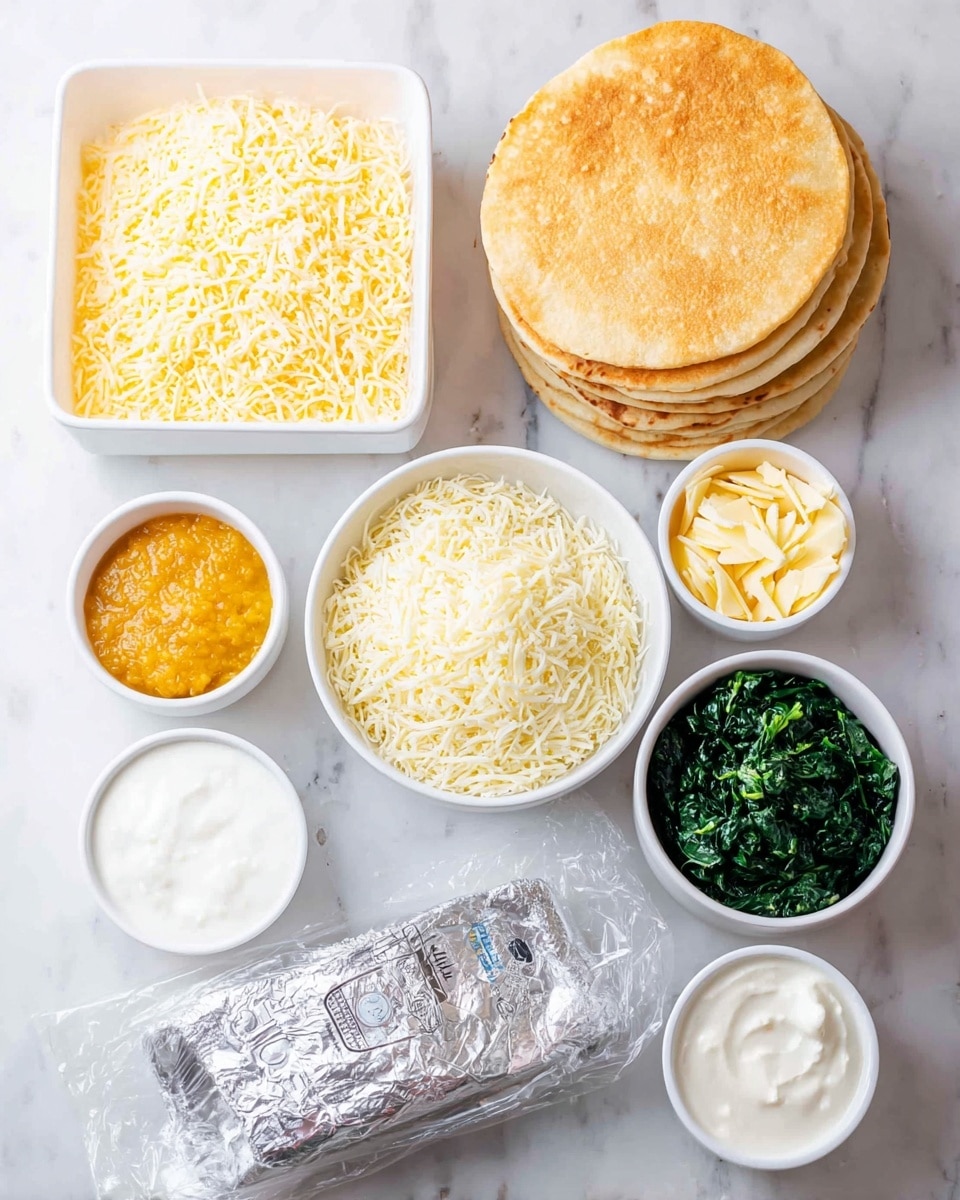 The image shows several white bowls and containers with different ingredients arranged on a white marbled surface. There is a stack of golden-brown flat round breads on the right side. At the top left, there is a white container filled with pale yellow shaved cheese. Below it, a white bowl holds shredded white cheese. Next to the cheeses, a small white bowl contains a bright yellow-orange paste. To the right of that, a white bowl is filled with dark green cooked spinach. Around the bottom are four small bowls holding, from left to right, grated pale yellow cheese, a bowl of white creamy sauce, a wrapped foil package of cream cheese, and a bowl of thick white yogurt. All items are neatly placed, showing a variety of textures and colors. photo taken with an iphone --ar 4:5 --v 7