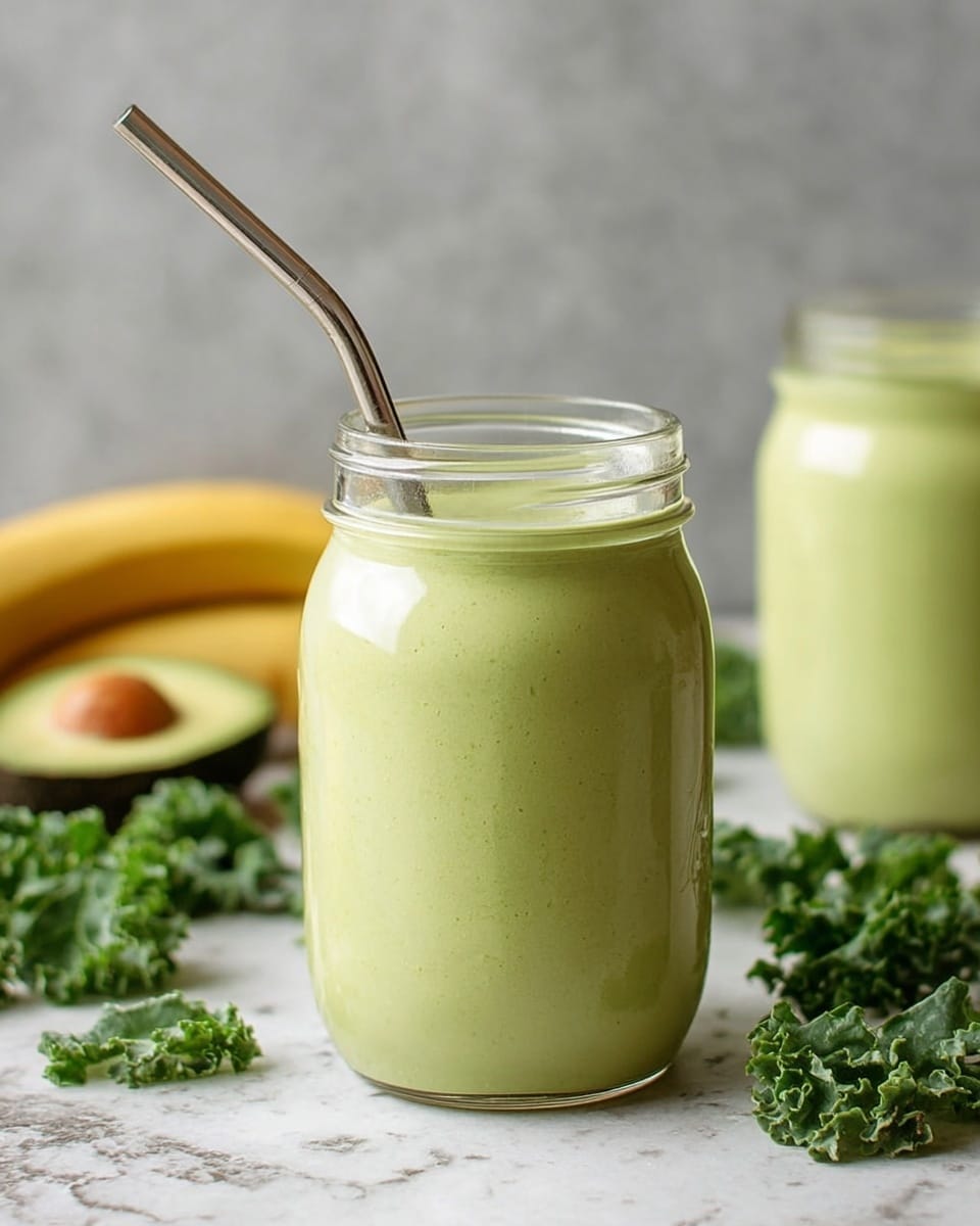 A clear glass jar filled with a smooth pale green smoothie that fills the jar almost to the top, with a shiny metal straw angled upwards inserted into the drink. The jar sits on a white marbled surface, scattered with pieces of dark green kale leaves, and in the background to the left there is a halved avocado with bright green flesh and a dark seed inside next to a whole banana. Another similar jar with the same smoothie is partially visible on the right side, blurred in the background. photo taken with an iphone --ar 4:5 --v 7
