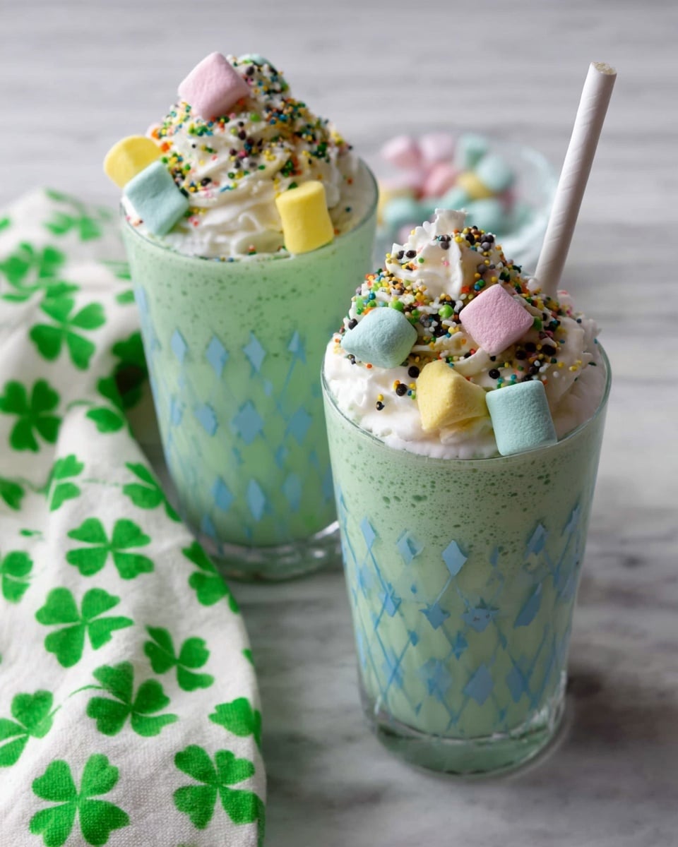 The image shows a close-up top view inside a clear blender container filled with a light green creamy mixture that has small black specks spread throughout. The texture looks smooth with some small bubbles on the surface. The blender is placed on a white marbled surface with some green clover-patterned items and a small bowl of multicolored candy or beans on the right side. The scene is well-lit and clean, highlighting the blending process. photo taken with an iphone --ar 4:5 --v 7