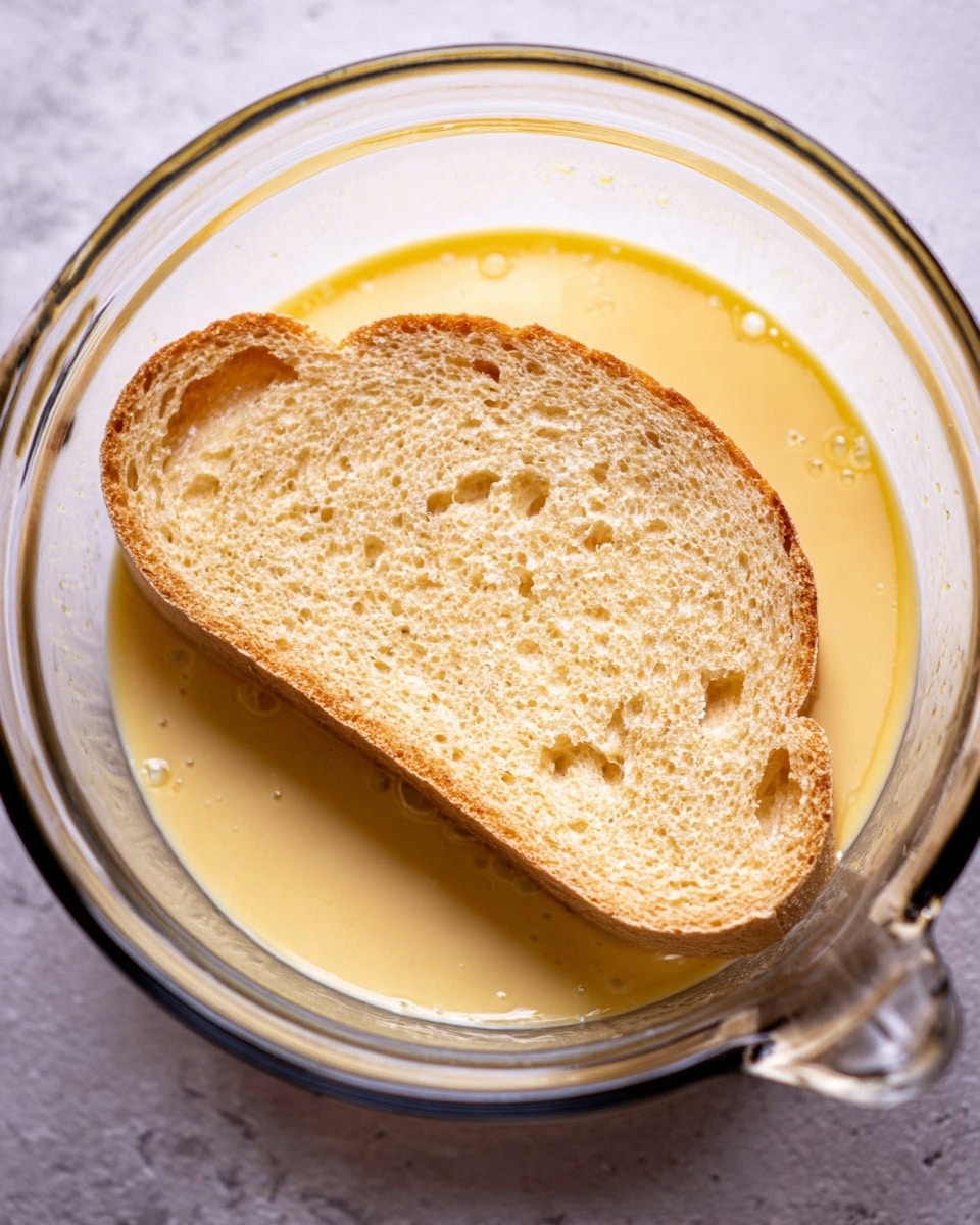 A close-up shot of a single slice of light brown bread soaking in a yellow creamy liquid inside a clear glass bowl with a handle. The slice has a soft, porous texture with small holes and a slightly darker crust. The creamy liquid surrounds the bread, filling the bottom and partially covering the sides. The background and surface beneath the bowl are a white marbled texture. Photo taken with an iphone --ar 4:5 --v 7