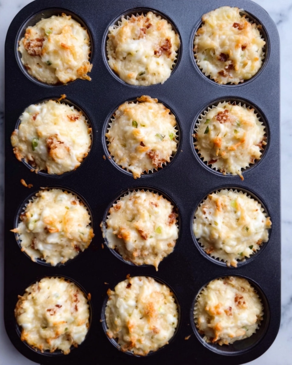 The image shows nine open-faced muffins in a black muffin tray on a white marbled surface. Each muffin has a light golden-brown crust with bits of melted cheese and small pieces of browned topping scattered unevenly on top. The muffins have a slightly rough texture, with visible layers of the baked dough at the bottom and the soft, cheesy topping layer on the surface. The light from the side highlights the slight shine on the melted cheese and the rough crust edges, giving the muffins a fresh-baked look. photo taken with an iphone --ar 4:5 --v 7