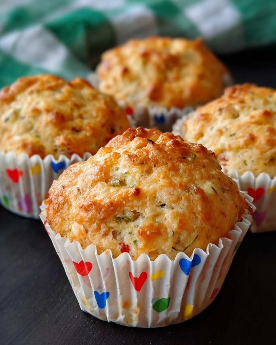 The image shows several muffins with a golden-brown, slightly rough top that looks soft and fluffy. Each muffin is wrapped in white paper liners decorated with multicolored hearts and dots. The muffins are placed on a dark surface, and the background has a green and white checkered cloth that is out of focus. The muffins have small visible bits of herbs or vegetables inside, giving a speckled look to the light brown texture of the muffin tops. photo taken with an iphone --ar 4:5 --v 7