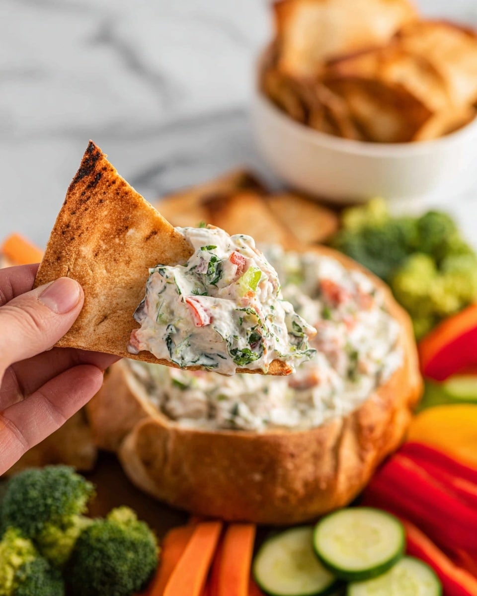A close-up of a woman's hand holding a toasted, triangular pita chip with a creamy white dip on top that has visible green herbs and small red tomato pieces mixed in. In the blur background, there is a hollow round loaf of bread filled with the same white dip, surrounded by fresh vegetable slices including cucumber, orange carrot sticks, broccoli, red bell pepper, and yellow bell pepper. Behind the bread, a white bowl filled with more toasted pita chips is partially visible, all set against a white marbled textured surface. photo taken with an iphone --ar 4:5 --v 7