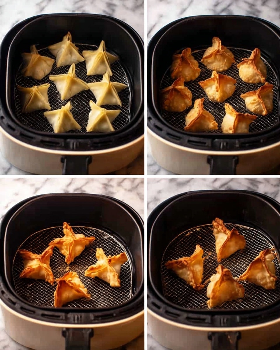 The image shows four pictures of fried wontons at different cooking stages. The first picture has nine pale yellow wontons inside a black air fryer basket with a white rim, evenly spaced. The second picture shows the same basket with the wontons turning golden brown at the edges but still soft in the middle. The third picture shows the wontons more crispy and golden all over, slightly smaller and curled. The last picture shows a close-up of golden crispy wontons on a black wire rack, with a light crunchy texture and crinkled edges, set against a blurred kitchen background. Photo taken with an iphone --ar 4:5 --v 7
