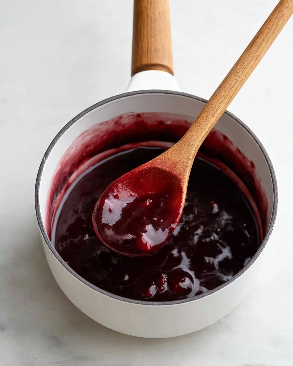 A white pot with a wooden handle sitting on a white marbled surface, filled with a thick, dark red sauce with visible small pieces of fruit or berries inside. A wooden spoon, coated in the same sauce, is held above the pot, showing the shiny, smooth texture of the sauce. The inside edge of the pot is stained with the dark red sauce, contrasting the clean white outside of the pot. photo taken with an iphone --ar 4:5 --v 7