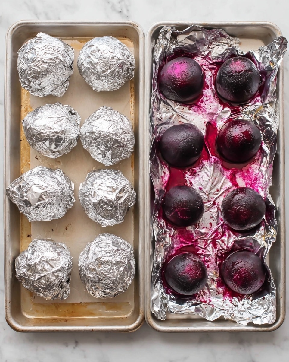 The image shows two metal trays side by side, each with six rounded objects wrapped in foil. The left tray has the objects fully wrapped in shiny silver foil with smooth, rounded shapes. The right tray shows the same objects unwrapped halfway, revealing dark purple roasted beets sitting on crinkled, stained silver foil with bright red and purple juice marks around each beet. Both trays have foil sheets underneath the objects and are placed on a white marbled surface. photo taken with an iphone --ar 4:5 --v 7