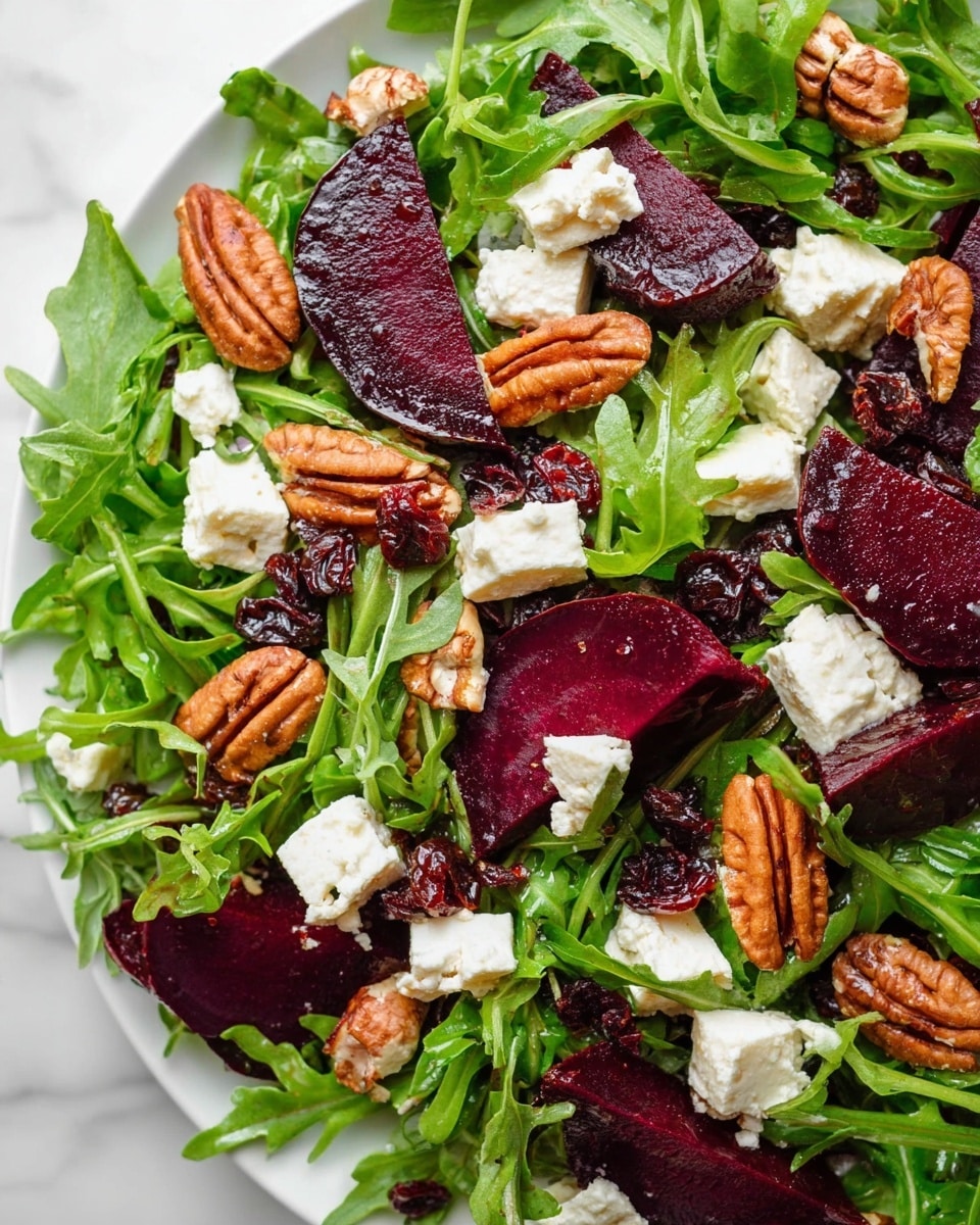 The dish is a colorful salad made with three main layers visible clearly: the base layer consists of fresh green arugula leaves with jagged edges spread all over, the second layer has deep purple beet slices arranged in clusters, and the top layer is scattered with light brown pecan nuts, small white cubes of feta cheese, and dark red dried cranberries that add texture contrast. The salad is presented on a white plate sitting on a white marbled surface, showing a fresh and vibrant mix of colors and textures throughout the dish photo taken with an iphone --ar 4:5 --v 7