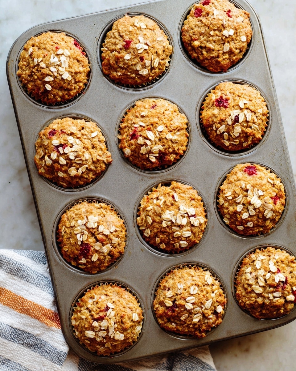 This image shows a white plate on a white marbled surface with a muffin broken in half on it. The muffin has a golden brown color with pieces of bright red strawberries mixed inside, creating a textured and moist look. There is a bit of honey or syrup drizzled around the broken muffin halves on the plate. In the background, on another white plate, several whole muffins topped with oat flakes are visible. A white, blue, and orange striped cloth is partially seen at the bottom right corner. Photo taken with an iphone --ar 4:5 --v 7