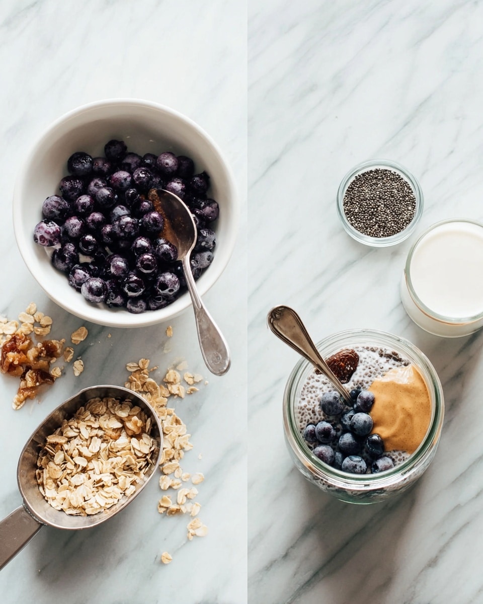 The image shows two parts on a white marbled surface. On the left side, there is a white bowl full of dark purple blueberries with a spoon inside, a small glass bowl of black chia seeds, a metal scoop filled with oat granola with a spoon in it, a teaspoon of brown almond butter, and a glass jug of white milk foam. On the right side, a clear glass jar contains three layers: the bottom layer is mixed oats with dark dried fruits and nuts, the middle layer is dark chia seeds, and the top layer is light brown almond butter. A spoon is inside the jar, and part of the white bowl filled with blueberries is visible next to it. photo taken with an iphone --ar 4:5 --v 7
