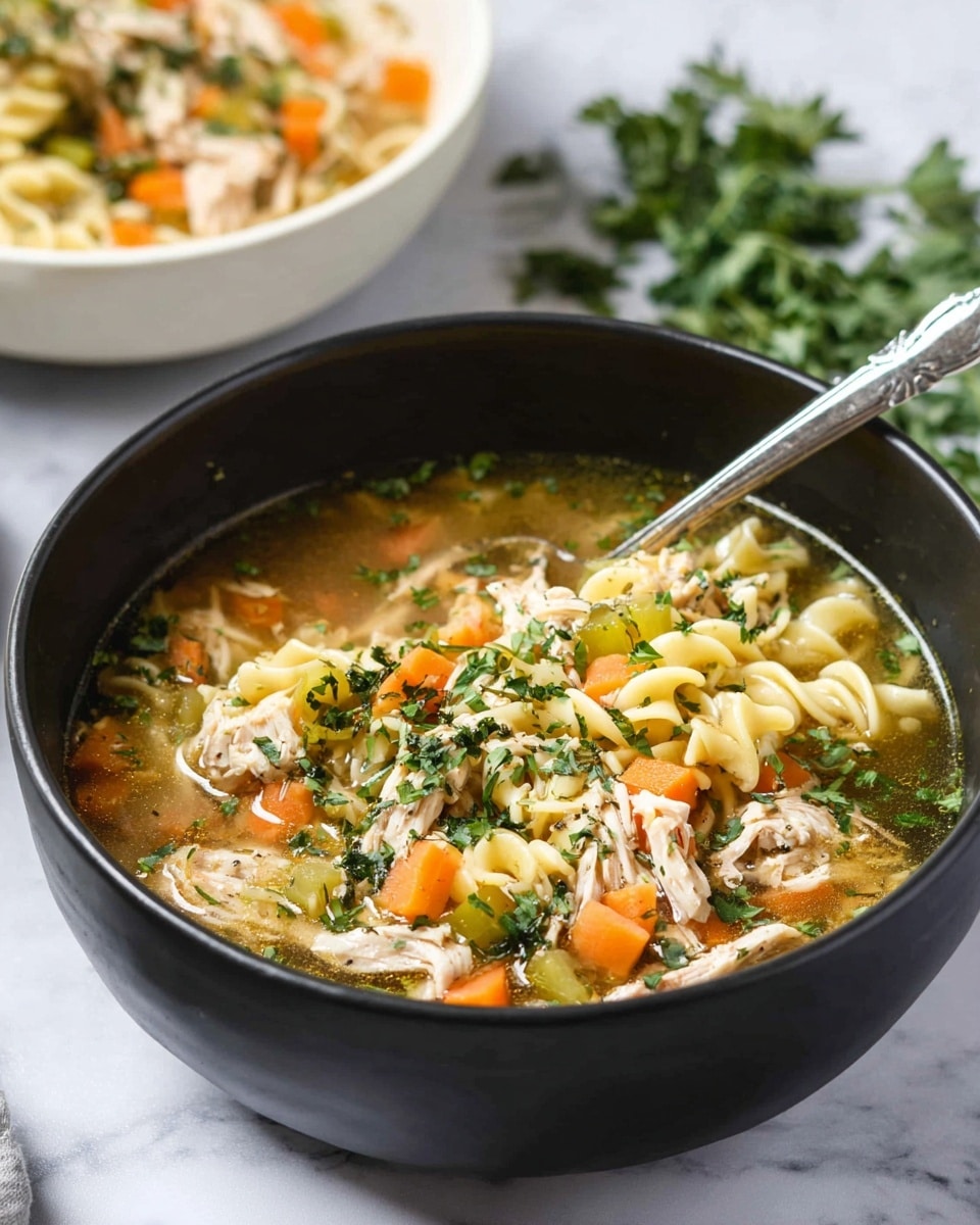 A black bowl filled with a layered chicken noodle soup; the bottom layer is a clear light brown broth, above it pieces of shredded chicken mixed with small orange carrot slices and green celery chunks; scattered across the surface are curly light yellow noodles topped with chopped fresh green herbs; a silver spoon rests inside the bowl, slightly submerged on the left side; in the background, a white bowl holds more of the same soup and fresh green herb sprigs are laid on a white marbled surface around the bowl; photo taken with an iphone --ar 4:5 --v 7