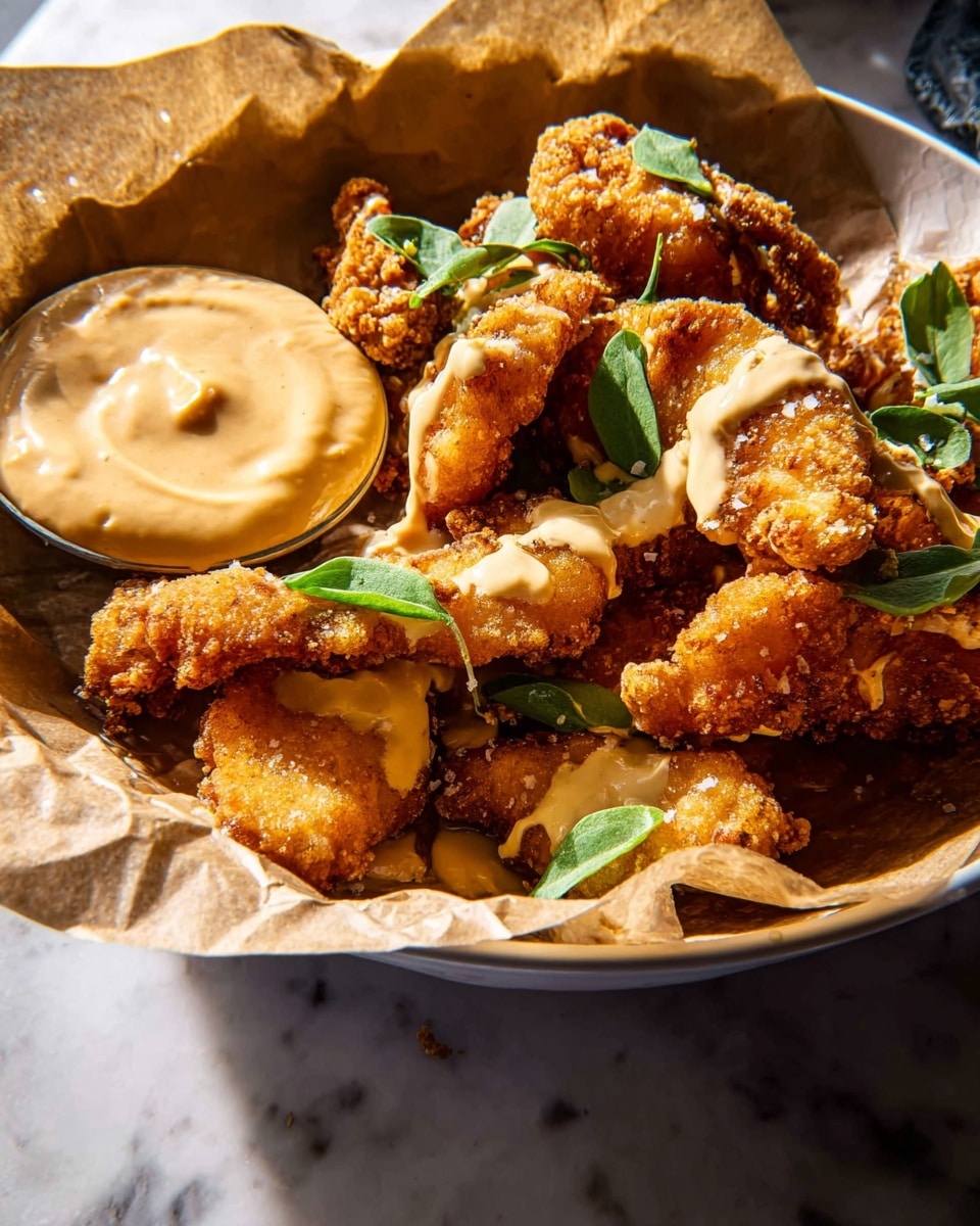 A white bowl lined with brown parchment paper holds several golden brown fried pieces with a crunchy texture, drizzled with a light tan sauce. Fresh green leaves are scattered on top, adding a touch of color. On the left side of the bowl, there is a creamy light tan dip with a smooth texture, partially covered by some fried pieces and sauce. The bowl sits on a white marbled surface. photo taken with an iphone --ar 4:5 --v 7