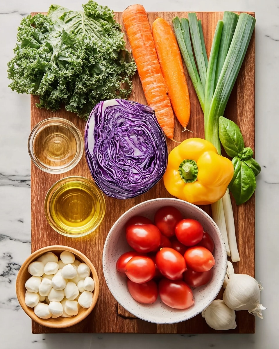 A wooden cutting board on a white marbled surface holds fresh ingredients for a meal. On the top left, there is a bunch of green kale next to two whole orange carrots and a halved purple cabbage with visible white veins. To the right, three green onions with white bulbs rest near bright green basil leaves. On the left side, a whole yellow bell pepper sits beside a small wooden bowl with salt and pepper. Near the center are two small transparent glass bowls filled with golden liquids, likely oils or vinegar. At the bottom, a white bowl filled with shiny red grape tomatoes is on the right, and a white bowl full of small white mozzarella balls is on the left. photo taken with an iphone --ar 4:5 --v 7