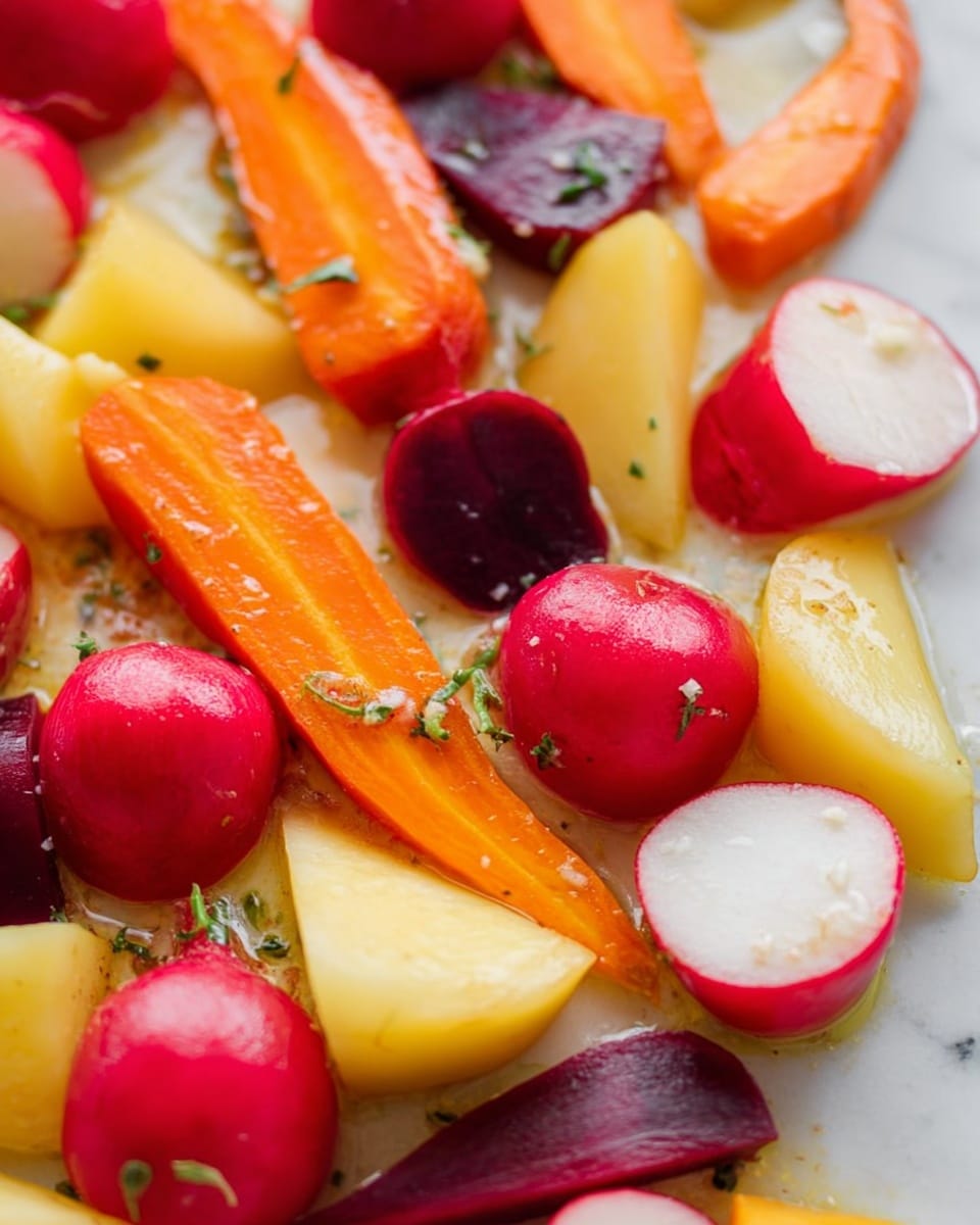 This image shows a close-up of colorful raw vegetables on a white marbled surface. There are several round red radishes with smooth shiny skins, some are halved showing white insides. Orange carrot slices are cut into long, thin wedges with a smooth texture. There are also thick yellow potato chunks and purple carrot pieces, each showing their natural vibrant colors and slightly rough outer texture. The vegetables rest in a light coating of oil with small herbs or seasoning scattered lightly over them. The mix of bright red, orange, yellow, and purple colors creates a lively, fresh look. photo taken with an iphone --ar 4:5 --v 7