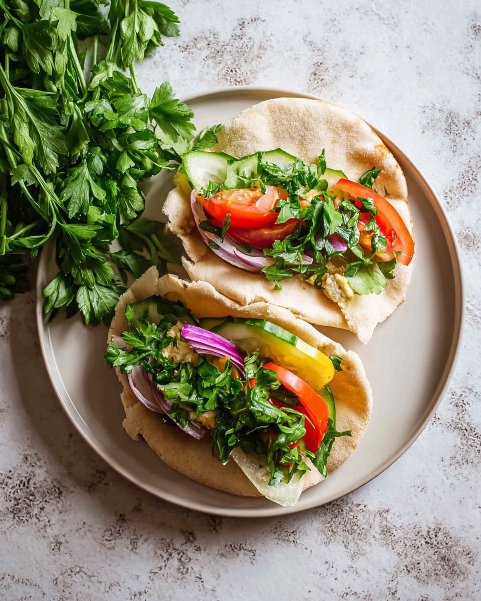 Two flat pita breads on a white plate rest on a white marbled surface, each layered with fresh green parsley leaves on the top. Under the parsley, there are thick slices of white onion and green pickles. One pita shows red tomato slices on top, adding a splash of bright color. Both pitas have soft, slightly folded pale beige pita bread as the base. On the left of the plate, bunches of fresh green parsley lie directly on the white marbled surface. Photo taken with an iphone --ar 4:5 --v 7