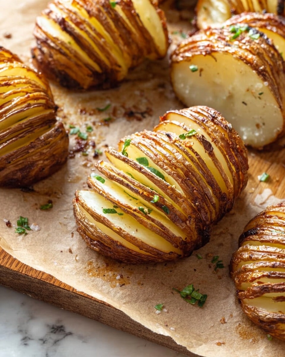 The image shows thinly sliced roasted potatoes with golden-brown edges arranged on light brown parchment paper over a wooden tray. Each sliced potato is spiraled, with the outer skin crispy and dark brown while the soft potato inside is creamy white. There are small green herb pieces sprinkled around the potatoes on the parchment paper. The background surface is white marbled texture. Photo taken with an iphone --ar 4:5 --v 7