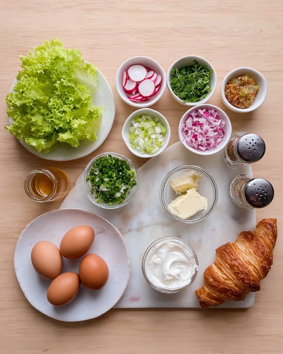 The image shows ingredients laid out on a white marbled surface. On the left side, there is a white plate with lettuce leaves and a croissant. Next to it are small white bowls filled with sliced radishes, chopped green herbs, whole grain mustard, finely chopped celery, finely chopped red onion, chopped radishes mixed with white onion, and a small amount of butter in a small bowl. In front are four whole brown eggs on a white plate, a small glass with a light brown liquid, a glass bowl with a dollop of white cream, a croissant to the right, and a clear salt and pepper grinder set. Everything is arranged neatly in a line giving a clear view of each ingredient photo taken with an iphone --ar 4:5 --v 7