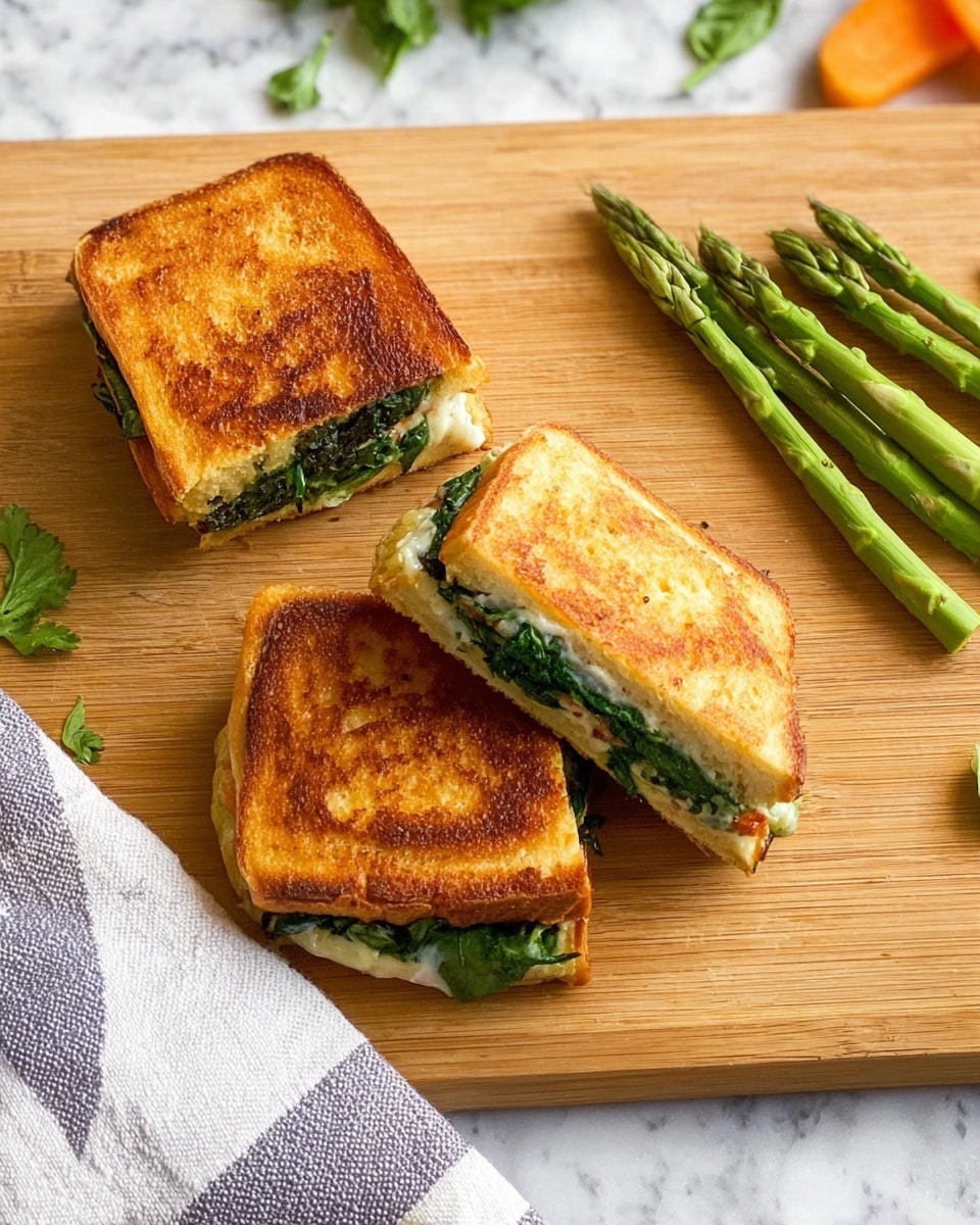 The image shows three square toasted sandwiches with a golden brown, slightly crispy crust on top. Two sandwiches are whole, and one sandwich is cut in half, showing green leafy spinach inside with a white creamy filling. The sandwiches are placed on a light wooden cutting board with a few green asparagus stalks to the right and a small orange piece of vegetable to the top left. A white cloth with gray stripes is folded and placed on the left side of the board. The background is a white marbled surface. photo taken with an iphone --ar 4:5 --v 7