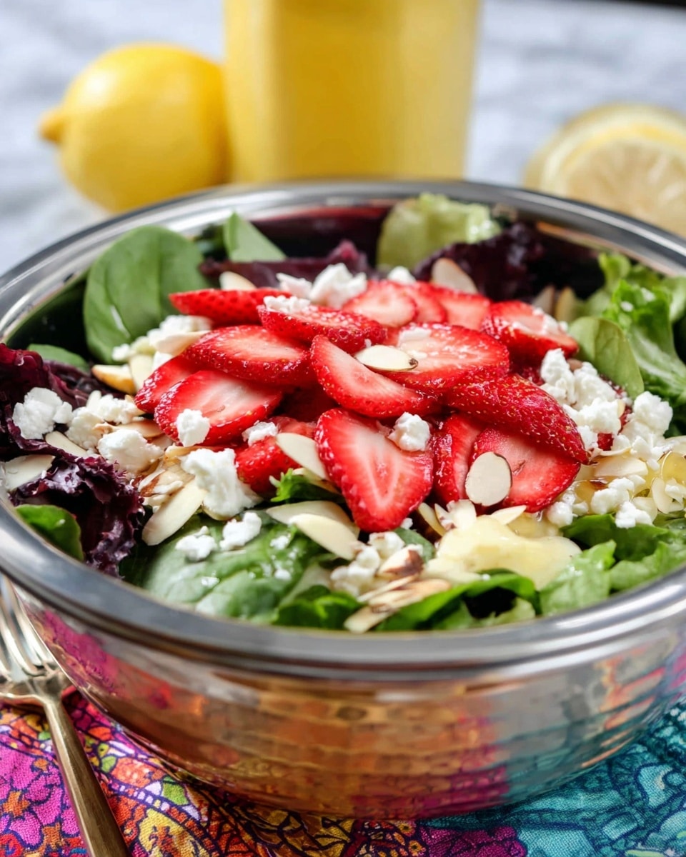 A shiny silver bowl holds a fresh salad with three visible layers: at the bottom is a mix of green and purple leafy vegetables, on top of this are bright red, sliced strawberries spread evenly, and sprinkled over the strawberries are small white crumbly cheese pieces along with slivered almonds. The bowl is placed on a colorful cloth with a white marbled surface underneath. In the background, there is a blurred yellow jar and a half lemon. Photo taken with an iphone --ar 4:5 --v 7