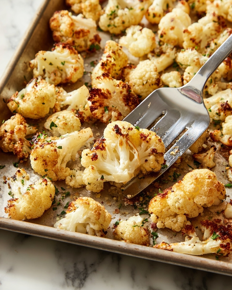 The dish shows many pieces of roasted cauliflower, each piece lightly browned and slightly crispy around the edges, with a soft white inside. The cauliflower pieces vary in size and are mixed with small green parsley leaves sprinkled evenly on top. The cauliflower sits in a black pan against a white marbled background, with a bunch of fresh parsley placed on the side inside the pan. The lighting highlights the golden-brown spots on the cauliflower, making it look warm and tasty. photo taken with an iphone --ar 4:5 --v 7