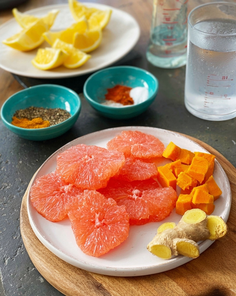 A white round plate holds peeled pink grapefruit segments layered thickly, showing their juicy texture. To the right on the wooden board are small chopped pieces of orange sweet potato and chunks of light yellow ginger root with a rough outer skin. Behind the board, two turquoise bowls filled with yellow lemon wedges and orange orange wedges sit on a dark surface. In the background, a white round plate displays small piles of red, black, and white powdered spices, and a clear measuring cup with water is nearby. The overall scene is set on a white marbled textured surface. photo taken with an iphone --ar 4:5 --v 7