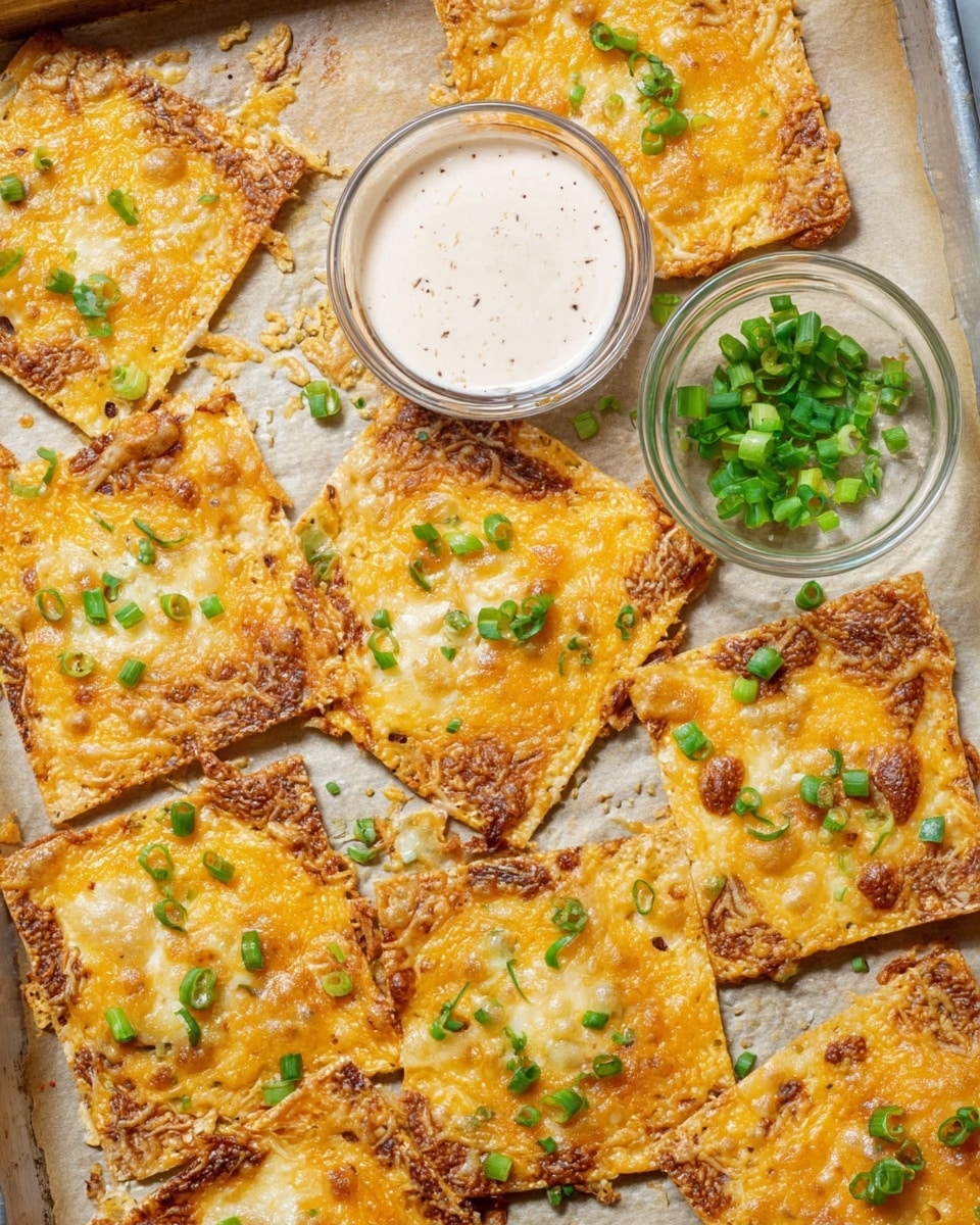 The image shows about twelve square-shaped cheese crisps with golden-brown edges and a slightly darker brown melted cheese center, sprinkled with small bright green chopped onions. They are arranged on a parchment-lined baking tray. In the middle of the tray, there are two small clear glass bowls, one filled with a creamy white dipping sauce with light specks and the other with extra chopped green onions. The overall color palette is warm with yellow-orange cheese tones contrasting the bright greens and the neutral background of parchment paper. photo taken with an iphone --ar 4:5 --v 7