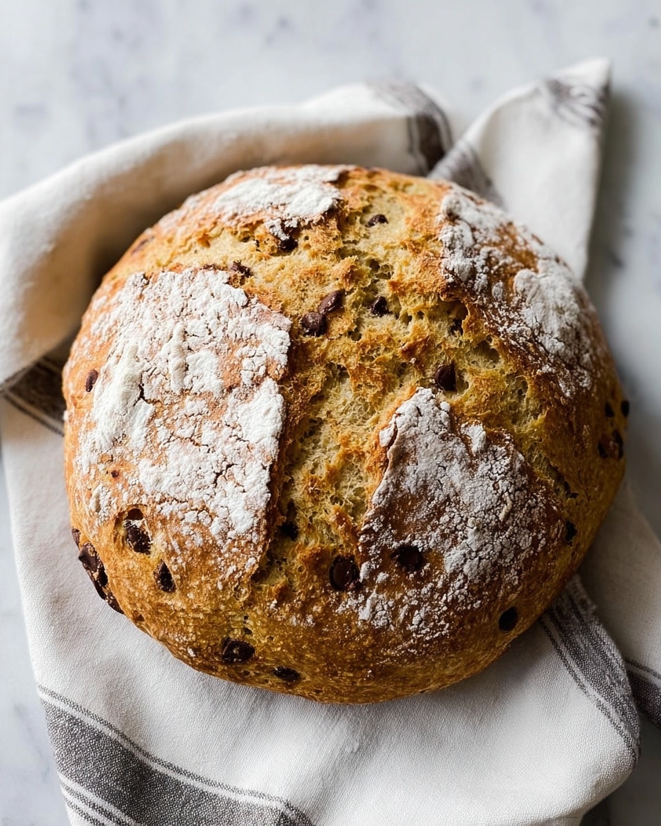 A round loaf of bread sits on a white and gray striped cloth on a white marbled surface. The bread has a golden-brown crust with a dusting of white flour on top and deep cracks forming four distinct sections. Dark brown spots, likely chocolate chips, are spread evenly throughout the surface, adding texture and color contrast to the rustic-looking bread. The crust looks crisp and textured with a homemade feel. photo taken with an iphone --ar 4:5 --v 7