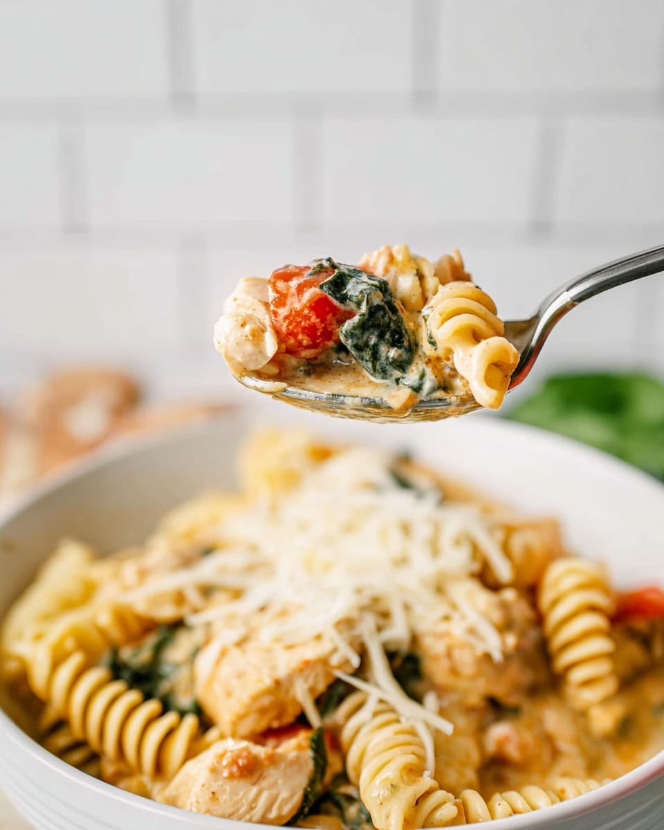 A close-up of a spoon held by a woman's hand with pasta, pieces of light-colored chicken, green spinach, and some red tomatoes, showing a creamy sauce coating the ingredients. Below the spoon is a white bowl filled with more spiral pasta in a creamy light orange sauce, topped with shredded white cheese and visible pieces of spinach and tomatoes. The scene is set on a white marbled surface with a soft blurred white tile background. photo taken with an iphone --ar 4:5 --v 7
