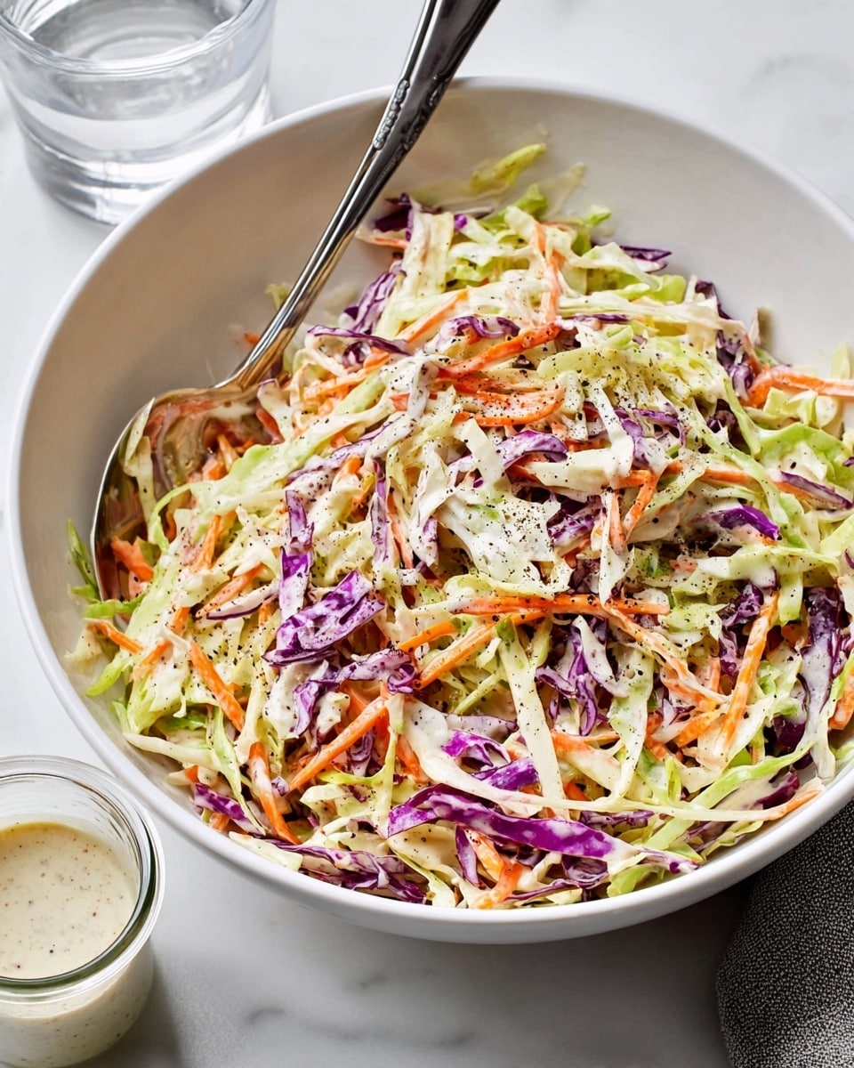 A white bowl filled with colorful coleslaw showing three main layers: shredded pale green cabbage, thin orange carrot strips, and shredded purple cabbage scattered evenly throughout. The coleslaw is lightly coated with a creamy white dressing speckled with black pepper, creating a slightly glossy texture. A silver serving spoon rests inside the bowl, partially submerged in the salad. The bowl sits on a surface with white marbled texture, accompanied by a small glass jar of dressing in the bottom left and a clear glass of water in the top left corner. Photo taken with an iphone --ar 4:5 --v 7
