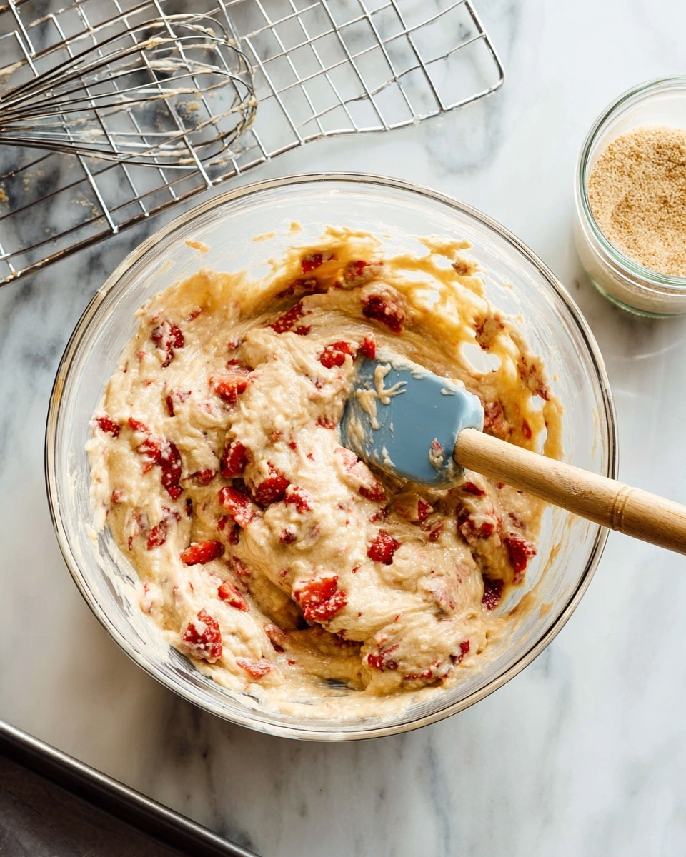 A clear glass bowl filled with thick, creamy beige batter mixed with small, bright red strawberry pieces spread evenly throughout. The batter has a textured, slightly rough surface with visible strawberry chunks, and a wooden-handled blue spatula rests inside, partially covered by the mixture. The bowl sits on a white marbled surface with a metal cupcake tray and stainless steel whisk nearby, along with a glass jar of light brown sugar grains in the corner. Photo taken with an iphone --ar 4:5 --v 7