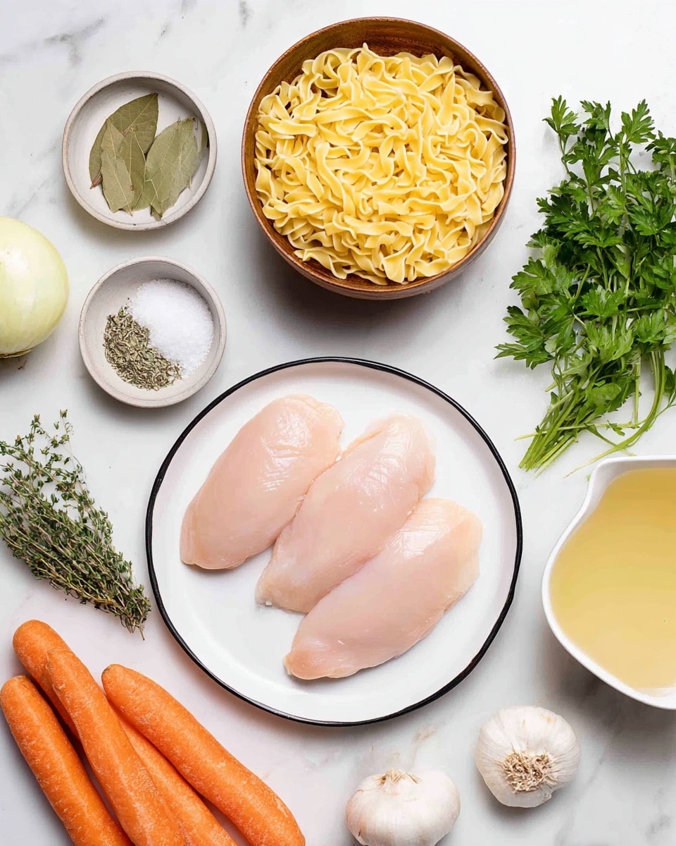 The image shows raw ingredients arranged neatly on a white marbled surface. In the center, there is a white plate with a black rim holding three pale pink raw chicken fillets. Above the plate, slightly to the right, is a small wooden bowl filled with uncooked yellow tagliatelle pasta. To the top left of the pasta bowl, there are two small round dishes; one contains green dried bay leaves and the other holds coarse salt mixed with black pepper. Around these items, fresh green herbs like parsley and thyme are placed along the right edge. On the top left, there is a whole white onion, and near it are three fresh orange carrots laid out parallel. At the bottom left corner, three garlic cloves rest close together. On the bottom right, a small white bowl holds a clear liquid, and next to it is a transparent jug filled with yellow chicken broth. The scene is clear, clean, and well lit, showing a fresh and organized preparation setup. photo taken with an iphone --ar 4:5 --v 7