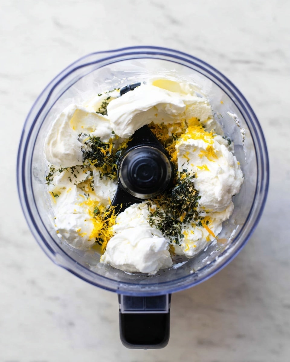 Top view of a clear blender bowl with a black blade center on a white marbled surface. Inside the bowl, there are several large white cream dollops, likely soft cheese or cream, surrounding the blade. Among the cream, there are small patches of dark green herbs and bright yellow zest sprinkled on top, creating a contrast. The mixture looks fresh and ready to be blended. Photo taken with an iphone --ar 4:5 --v 7