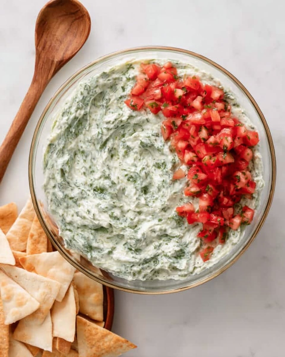 A clear glass bowl filled with a creamy green dip that has a smooth and thick texture as the base layer. On top of the dip, there is a layer of small, finely chopped bright red tomato pieces placed mostly on one side. To the upper right of the bowl, there are several white triangular pita bread chips stacked overlapping each other. At the top left edge of the image, there is a simple wooden spoon resting on the white marbled surface. The photo taken with an iphone --ar 4:5 --v 7