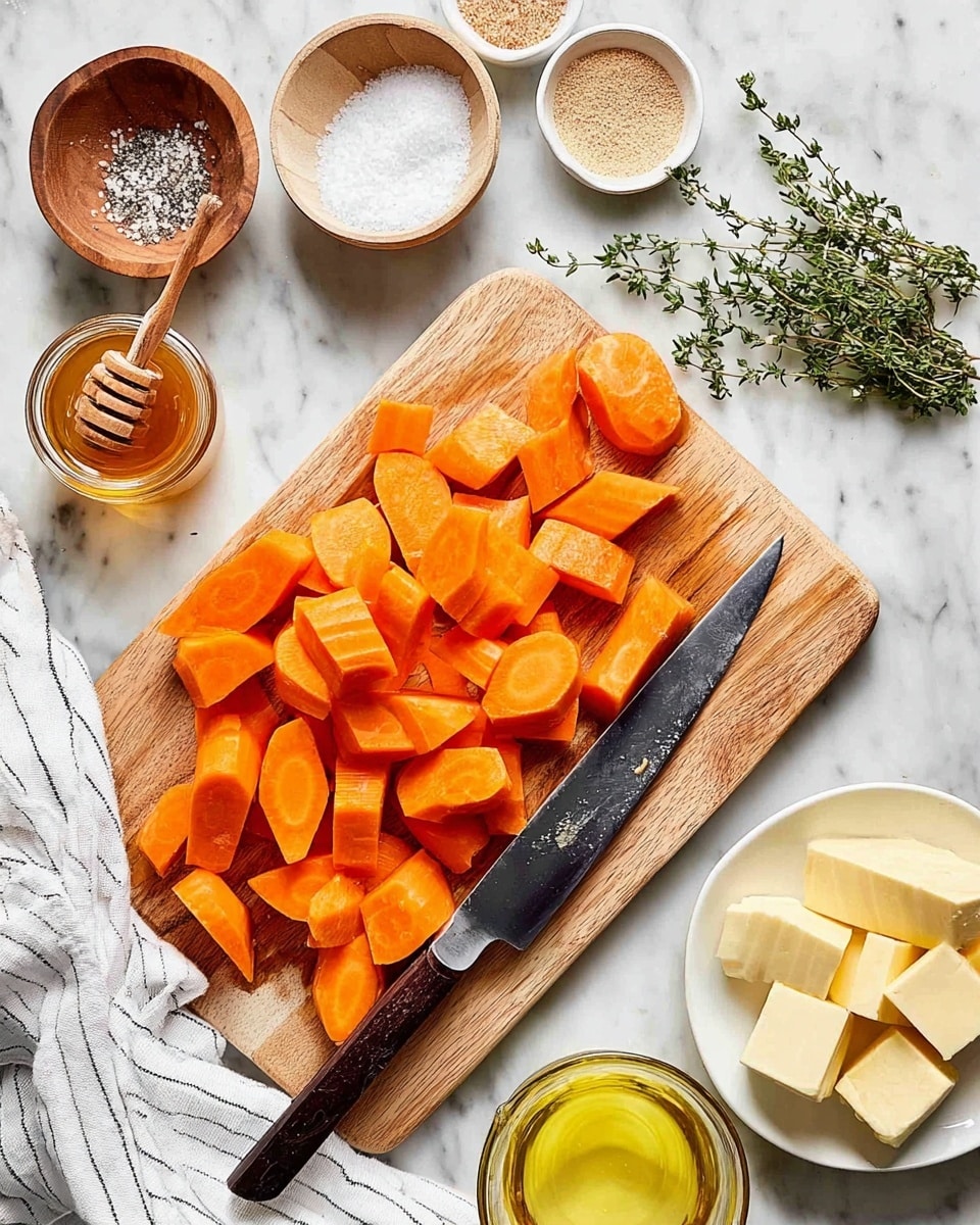 A wooden cutting board on a white marbled surface holds many thick, bright orange carrot pieces, some round and some in triangle-like shapes, with a large sharp knife resting on top of them near the center. To the upper left, there is a small round white bowl with salt, next to a wooden bowl filled with crushed pepper. Below those is a small clear glass jar filled with honey and a wooden honey dipper inside. At the top right, fresh green thyme sprigs lie next to a small white bowl with a beige powder and a glass jar with yellow oil. On the lower right corner, there is a white plate with cubes of pale yellow butter. A white cloth with thin black stripes is draped on the bottom left side. photo taken with an iphone --ar 4:5 --v 7