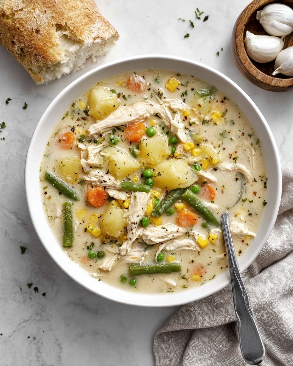 A white large pot is filled with creamy chicken soup showing three visible layers: the creamy off-white broth with small herbs and spices spread throughout, a mix of small orange carrot cubes, green peas, and green bean pieces floating evenly, and shredded white chicken scattered across the soup. A metal ladle lifts a spoonful from the pot holding a portion of the broth, chicken, carrots, peas, and green beans. The pot is placed on a white marbled surface, and a woman's hand is holding the ladle with a black handle, fingernails painted white. photo taken with an iphone --ar 4:5 --v 7
