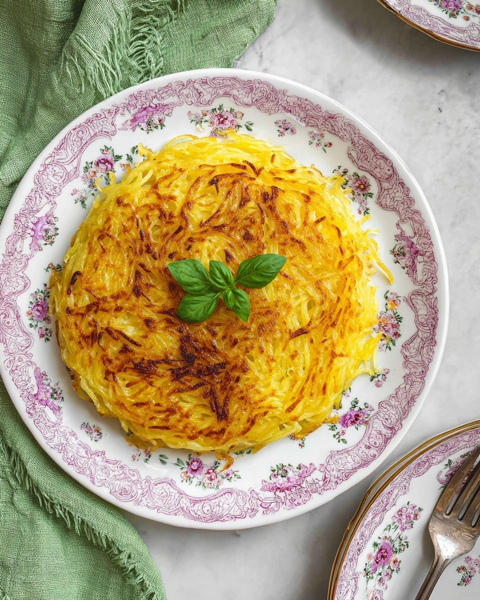 A thick, round noodle pie with a visible single layer of golden yellow cooked noodles forming the base and sides. The top layer has a slightly browned, crisp texture with a few darker golden brown spots, and in the center lies a small bunch of fresh green basil leaves. One slice is missing showing the soft, moist, and dense interior with a consistent yellow color. The pie sits on a white plate with a floral and pink decorative border, and the background is a white marbled texture. Photo taken with an iphone --ar 4:5 --v 7
