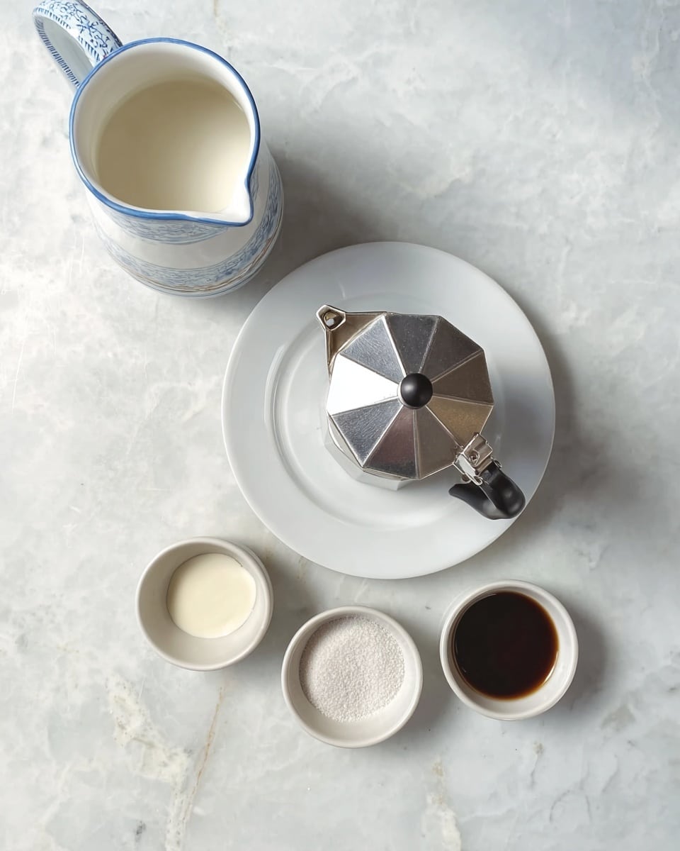 A white plate with a silver coffee maker placed in the center is set on a white marbled surface. Below the plate, three small white bowls hold different ingredients: one with white sugar, one with cream, and one with dark coffee. To the left, a white pitcher with a blue handle and rim contains milk or cream. The overall scene is bright and clean with soft natural light. photo taken with an iphone --ar 4:5 --v 7
