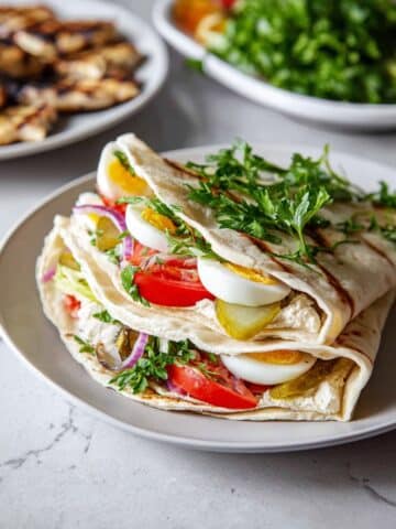 Eggplant and Potato Pita Sandwich with Pickles, Eggs, and Hummus Recipe