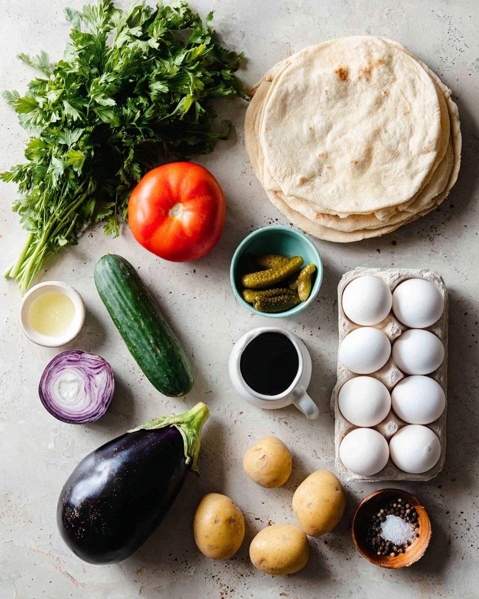 The image shows a collection of fresh ingredients arranged on a white marbled surface. There is a bunch of green parsley on the top left, a dark purple half onion nearby, and a stack of round, light beige flatbreads at the top right. Below the onion is a round, red tomato. In the center, there is a white tray holding six white eggs. To the right of the eggs, a white bowl contains several green pickles. Toward the bottom right, there are three light brown potatoes. At the bottom left, a glossy dark purple eggplant lies horizontally. Next to it on the left are a small green cucumber, a small bowl of white salt, another small bowl with a creamy white sauce, and a very small bowl filled with black peppercorns. Finally, above the potatoes, there is a small white jug filled with a dark liquid. photo taken with an iphone --ar 4:5 --v 7