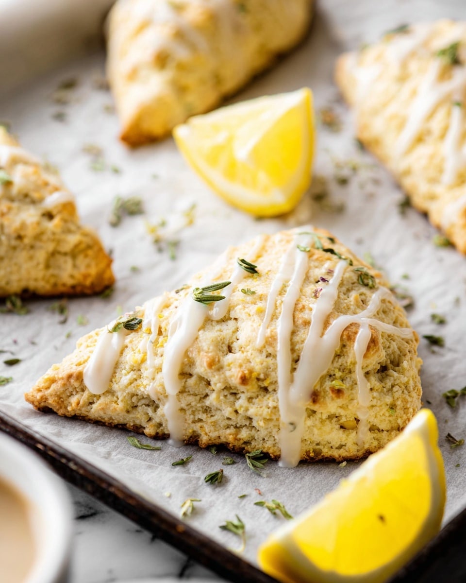 A close-up of triangular scones with a light golden brown crust and soft, crumbly texture, drizzled with thin white icing and sprinkled with small green herb leaves on top; the scones are placed on white parchment paper inside a dark baking tray, accompanied by bright yellow lemon wedges with a glossy texture and scattered herb bits on and around them, all set on a white marbled surface in soft natural light, photo taken with an iphone --ar 4:5 --v 7
