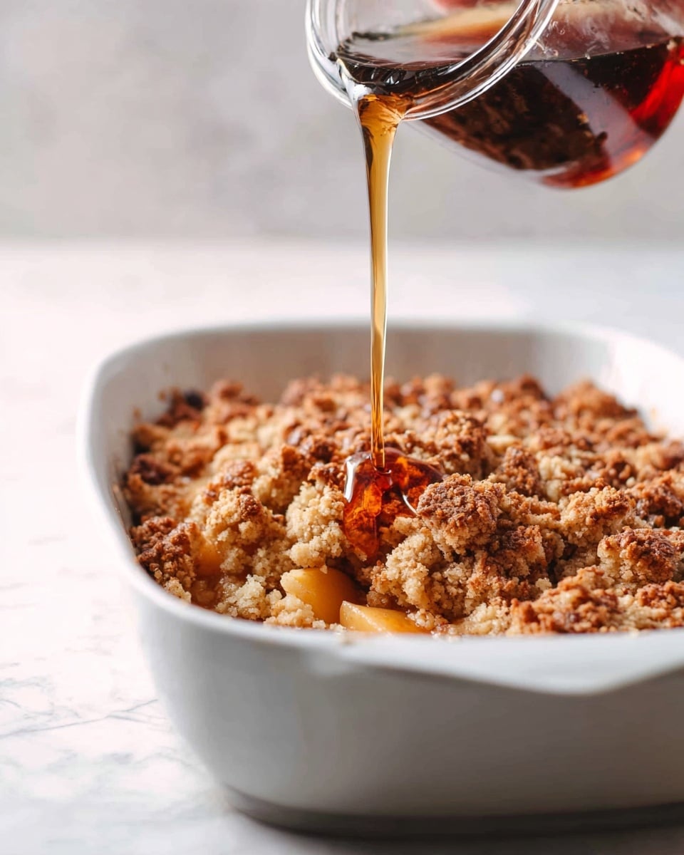 The image shows a white casserole dish filled with a baked crumble dessert that has a crumbly light brown topping with darker brown spots, and chunks of golden brown baked fruit visible underneath. A thin stream of amber syrup is being poured over the crumble from a glass jar held by a woman's hand above the dish. The dish sits on a white marbled surface. Photo taken with an iphone --ar 4:5 --v 7