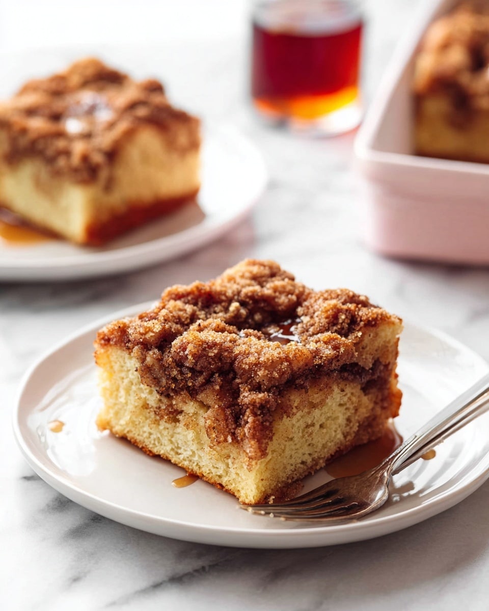 Two square pieces of cinnamon coffee cake with crumb topping sit on white plates over a white marbled surface. The cake has a light yellow base layer with soft texture and a thick darker brown crumb layer on top, showing chunks of cinnamon swirled bread. The crumb layer looks crisp and slightly sticky with syrup drizzled over it. One plate is in the foreground with a silver fork resting on the right side, while the other plate is blurred in the background next to a glass of dark amber syrup. Photo taken with an iphone --ar 4:5 --v 7