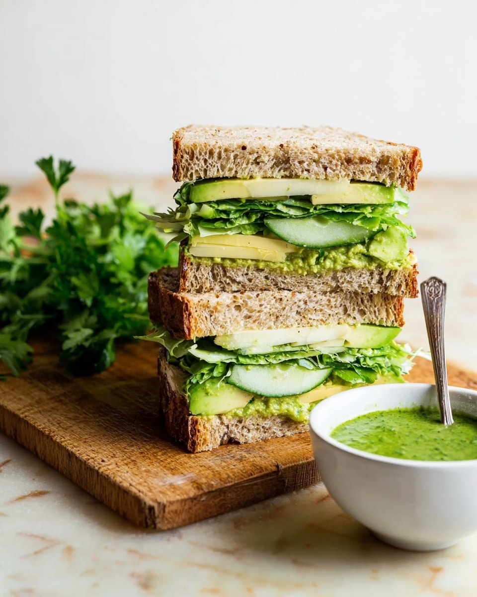 The image shows a sandwich cut into two stacked halves on a wooden board with a bunch of fresh green parsley on the left and a white bowl filled with green sauce with a spoon on the right side; the sandwich has three main layers: thick, light brown bread with a rough texture as the top and bottom layer, a middle layer of bright green lettuce leaves, pale green cucumber slices, and slices of light yellow cheese, with some avocado slices on top, giving a fresh and healthy look. The background is a white marbled surface. Photo taken with an iphone --ar 4:5 --v 7